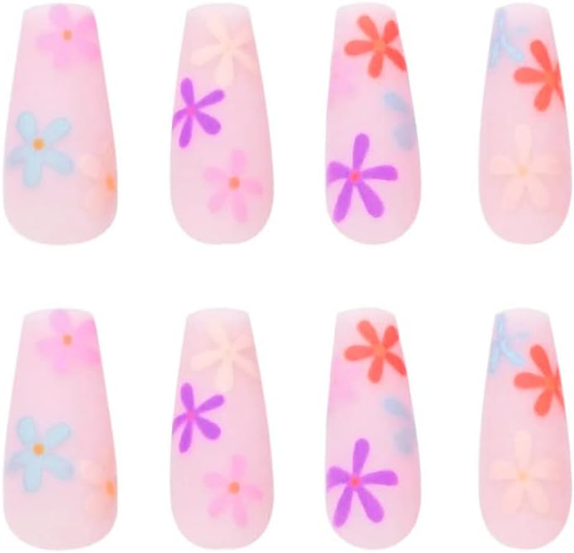 24Pcs French False Nails, with Colorful Flower Pattern Fake Nails,Matte Nude Pink Coffin Full Cover Nails Tips for Women & Girls