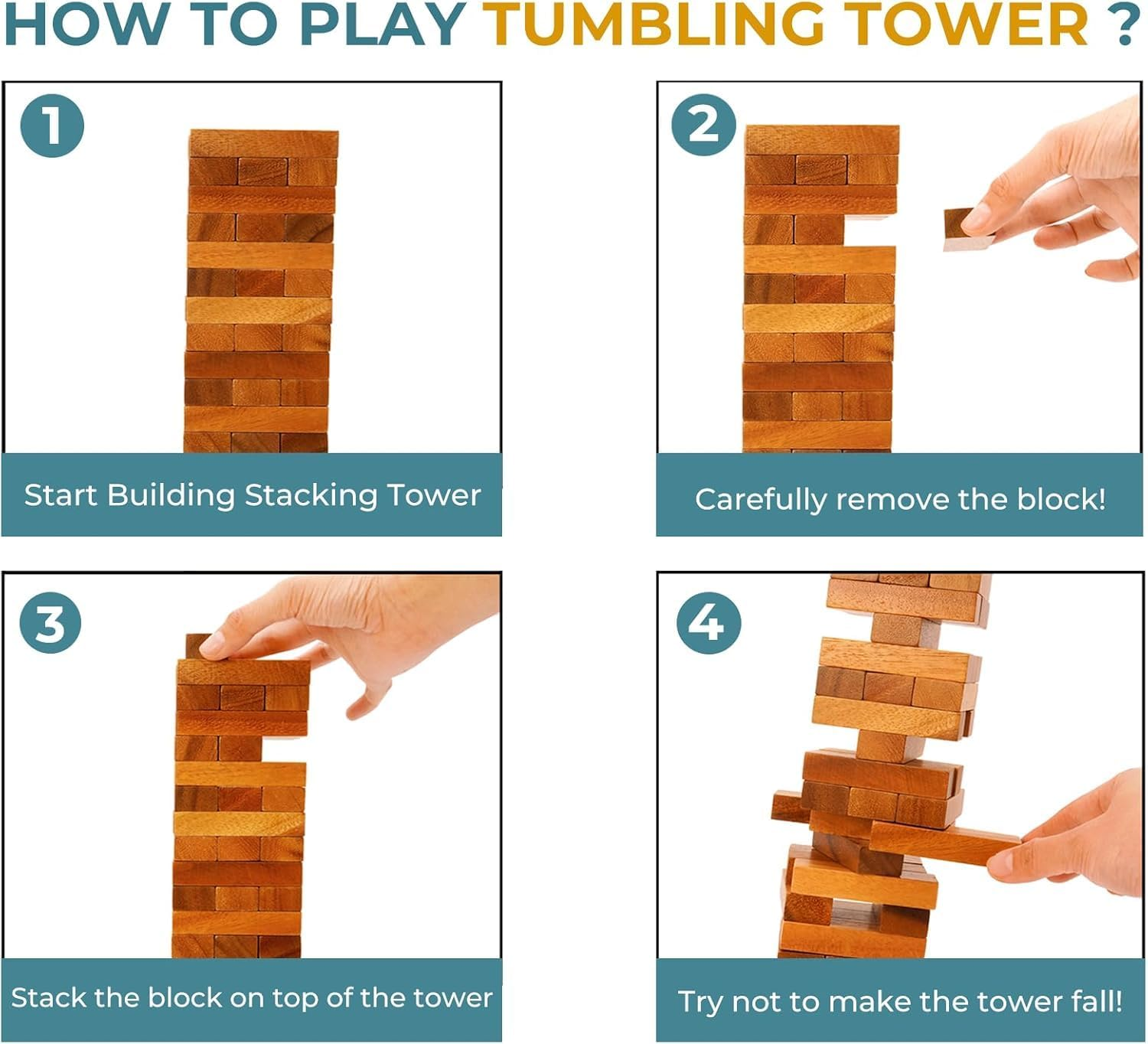 Walnut Wooden Tumbling Tower Game- Ideal for Party, Building, Camping, Outdoor Games for Adults, Classic Stacking Block for Challenging Your Skills image number 1