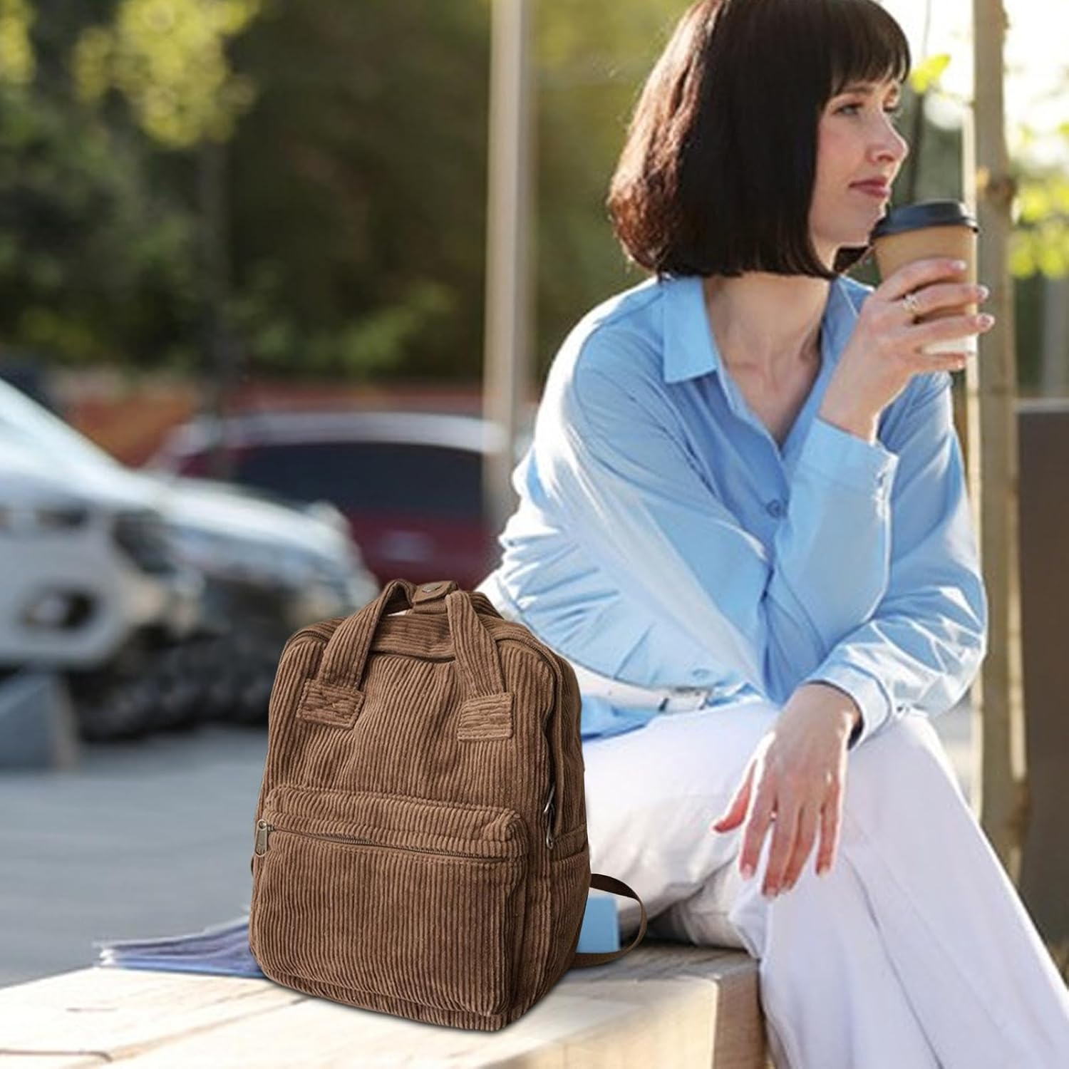 Large Corduroy Bookbag, Corduroy Laptop Backpack, Book Bag Purse with Handle, Laptop Bag for Girls, Aesthetic Backpack, Small Backpack Purse, Large Capacity for High - Brown image number 4