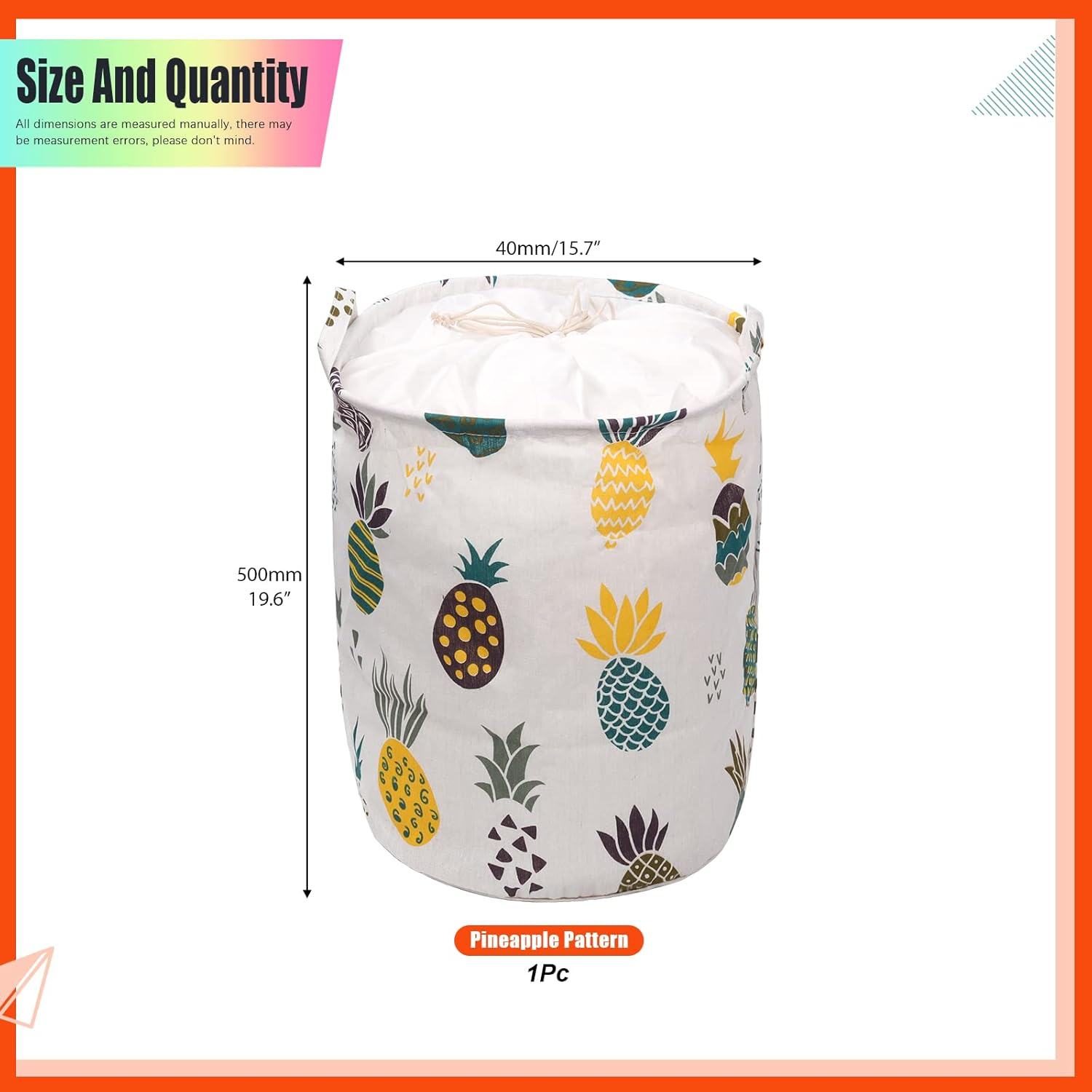 Tanstic 1Pc Freestanding Laundry Basket with Pineapple Pattern, Foldable Large Drawstring Clothes Hamper Collapsible Fabric Bag with Leather Handle for Clothes Washing (15.7X19.6 Inch) image number 3