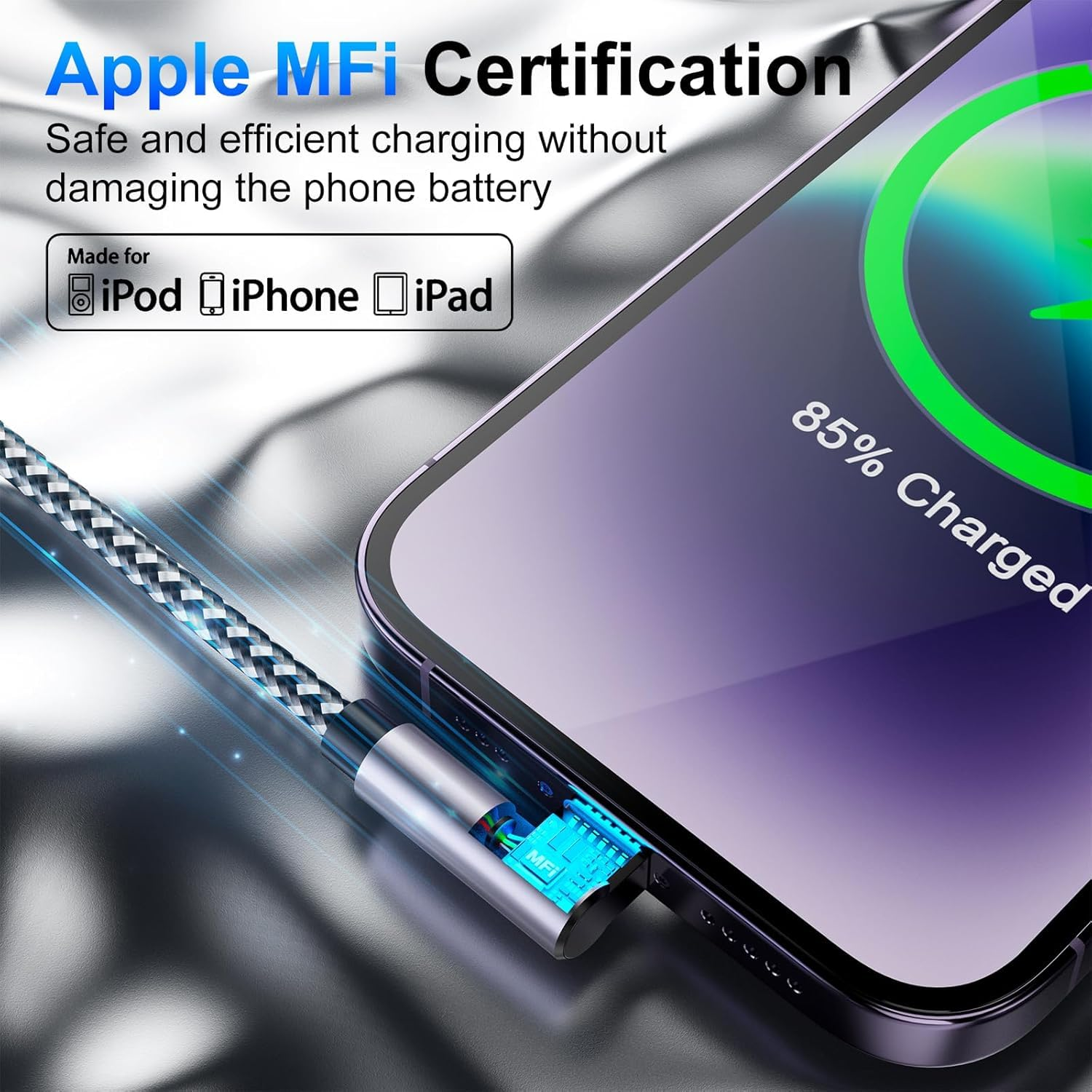 90 Degree Iphone Charger 3 Pack, [Apple Mfi Certified] Fast Charging Cables Cord 6.6FT*2 + 10FT, Right Angle Nylon Braided USB Lightning Cable for Iphone 14/13/12/11/Pro/Max/X/Plus/8/7/6/Plus/Ipad image number 1