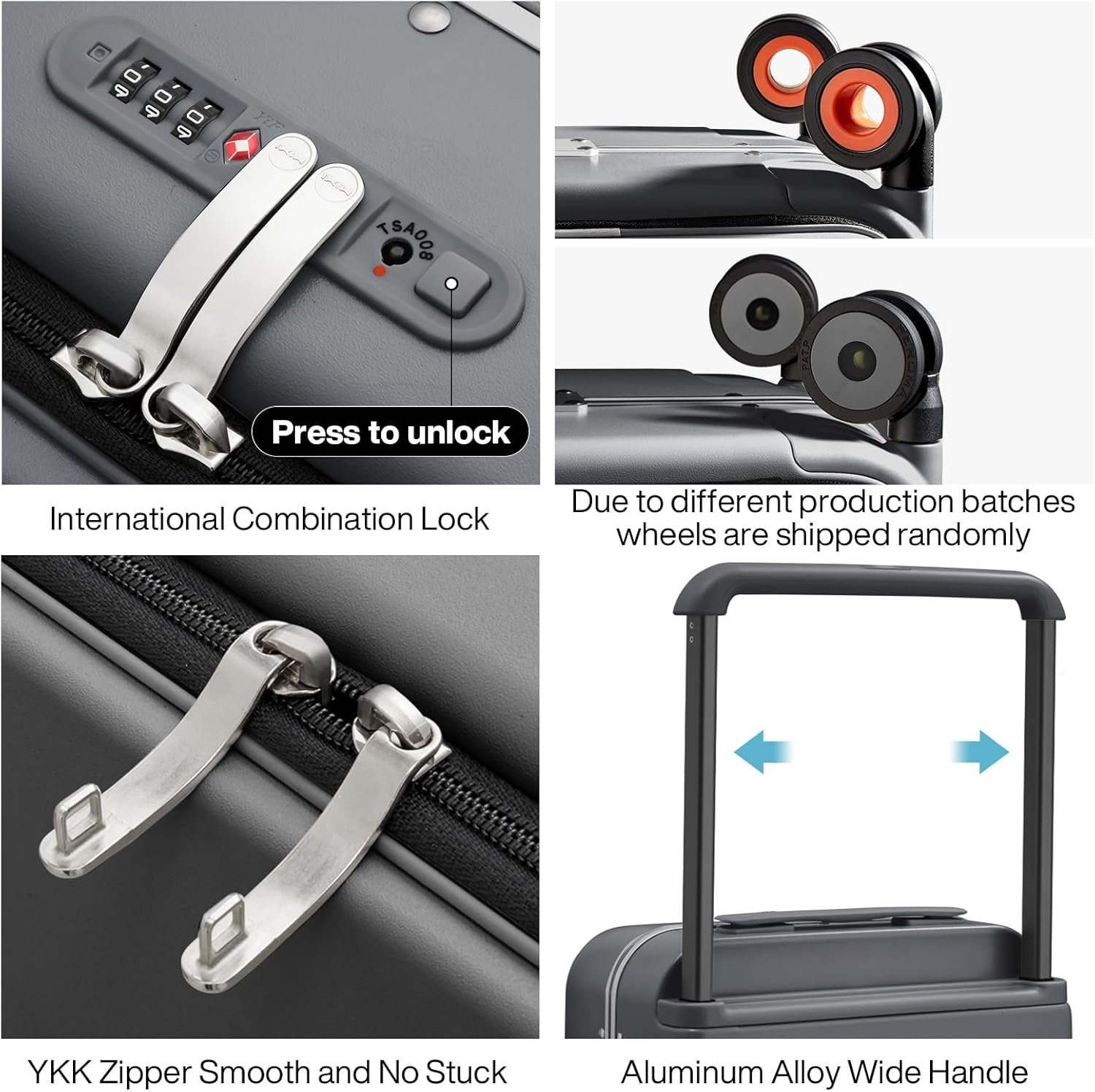 Mixi Checked Luggage with Wide Handle Front Laptop Pocket&ndash;Premium PC Hardside Suitcase with Aluminium Frame,Spinner Wheels,Combination Lock,With Cover,Ideal for Business and Travel,24 Inch,Rock Grey image number 5