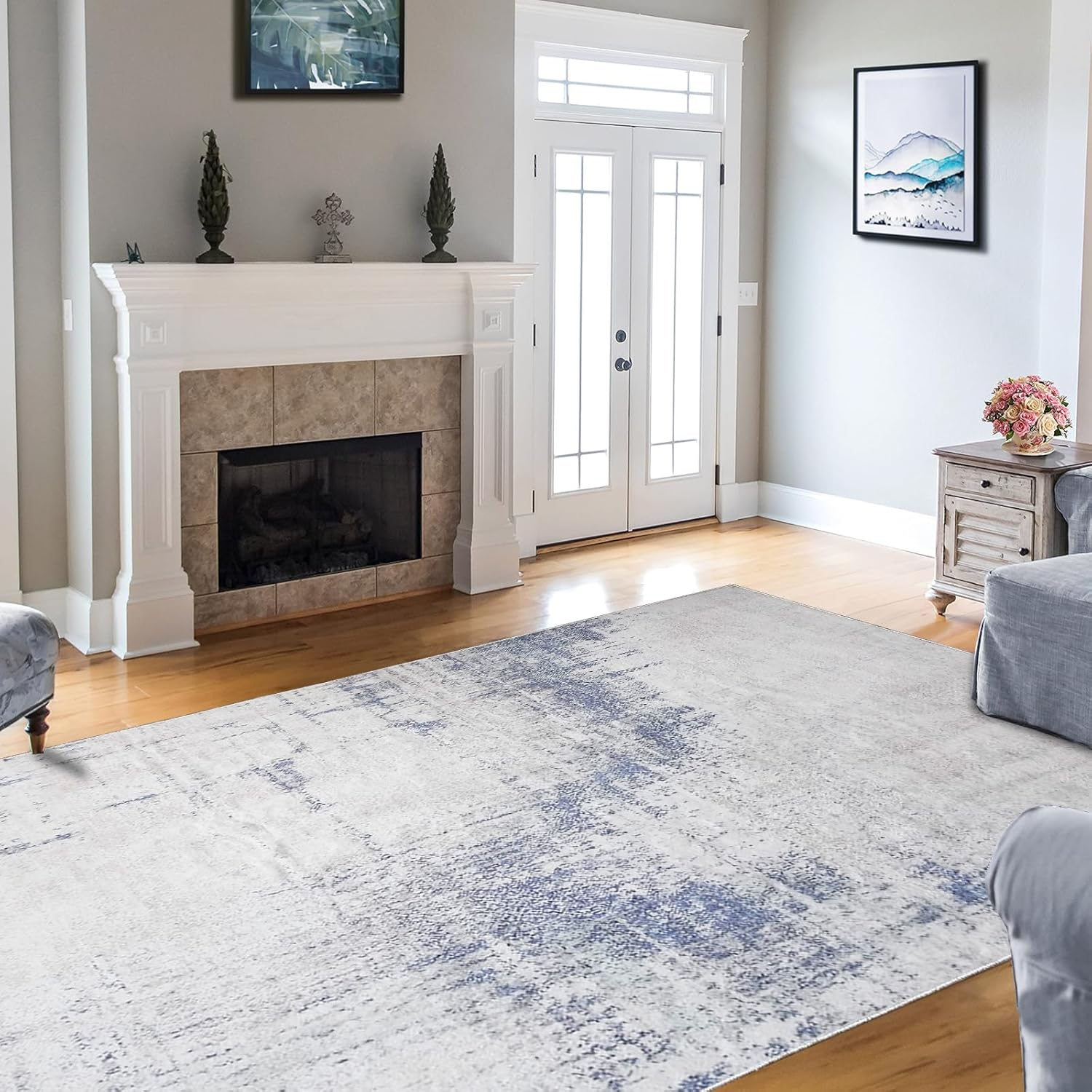 Leesentec Area Rugs for Living Room Non-Slip Machine Washable Rugs for Bedroom Low Pile Blue Rug Distressed Carpet for Kitchen Dining Room Home Office Indoor Floor Mat (Blue/Beige/Grey, 200 * 250 Cm) image number 1