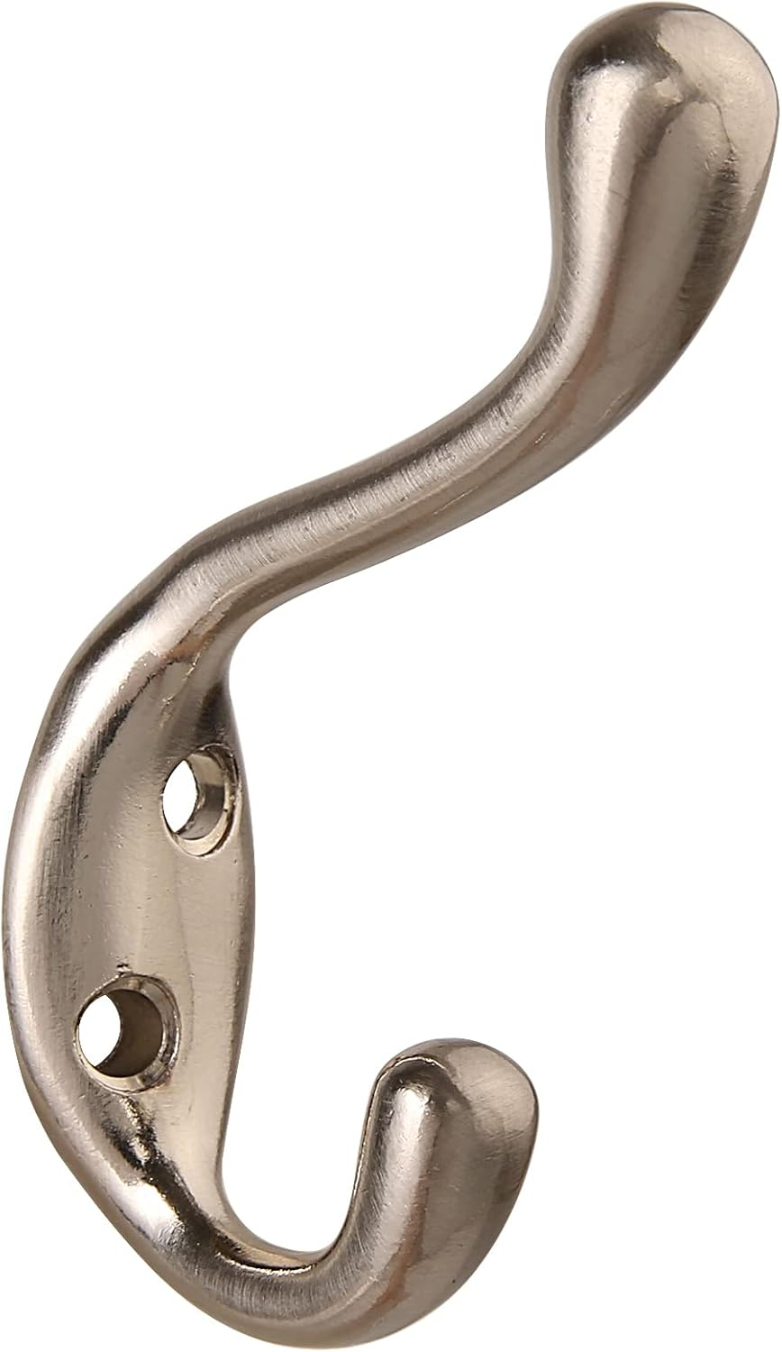 HASWARE 6 PCS Double Prong Robe Hook, Dual Coat Hooks Antique Wall Mounted Hooks Robe Vintage Hooks Hangers Heavy Duty with 12 Pieces Screws for Coats Hat Clothes Hanger Towel Keys (Satin Nickel)