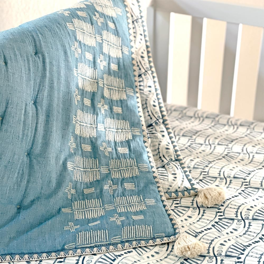 Crane Baby Blanket, 36&rdquo; X 36&rdquo;, Soft Cotton Quilted Nursery Blanket for Boys and Girls, Blue image number 4