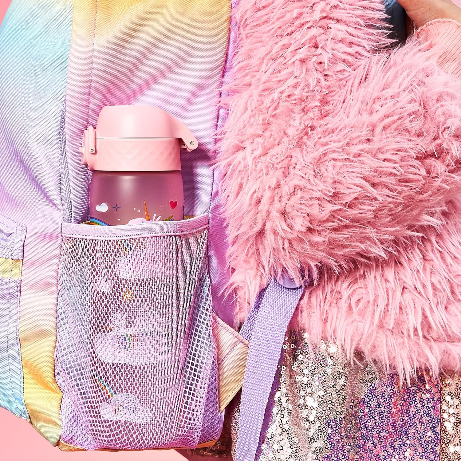 Ion8 Water Bottle, 500 Ml/18 Oz, Leak Proof, Easy to Open, Secure Lock, Dishwasher Safe, BPA Free, Hygienic Flip Cover, Carry Handle, Easy Clean, Odour Free, Carbon Neutral, Unicorn Rainbows Design - Pink image number 3