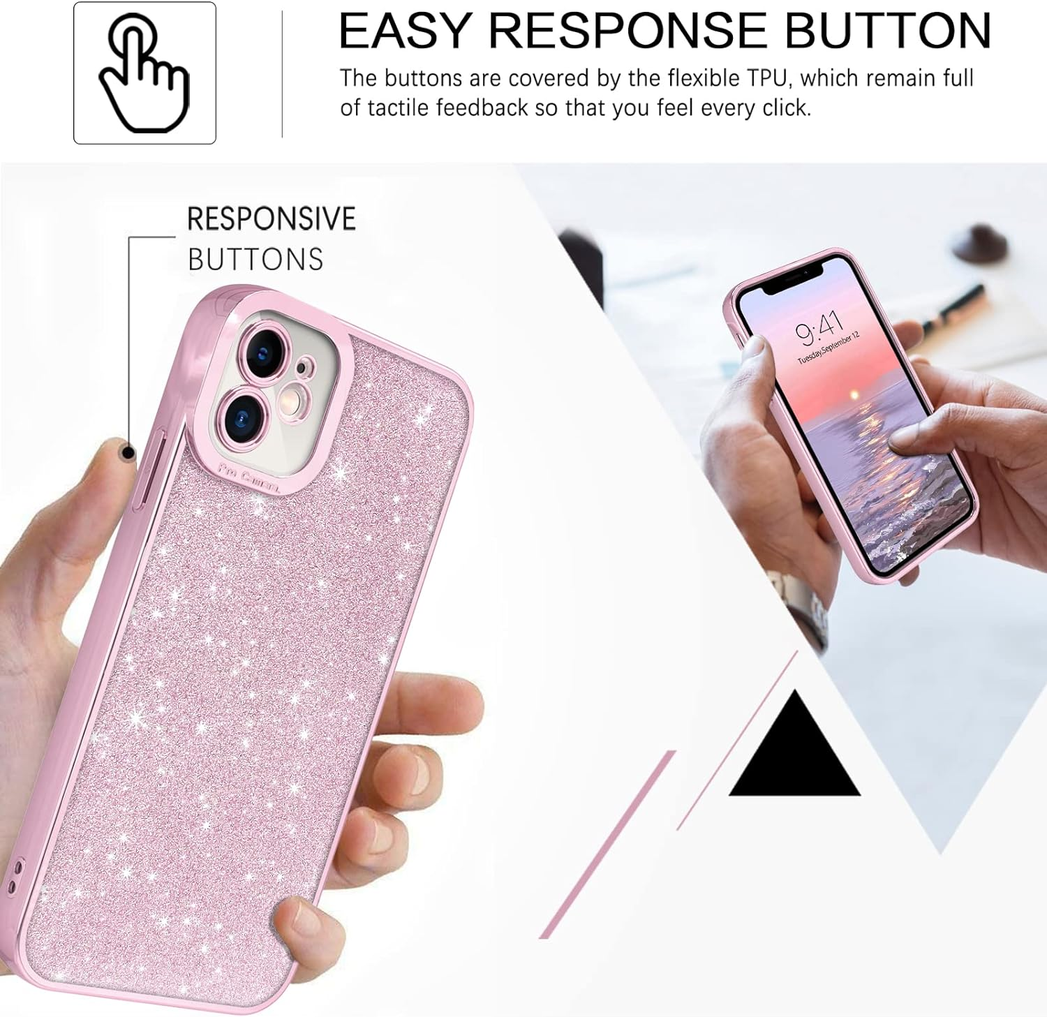 VENINGO Iphone 11 Case, Bling Sparkle Shockproof Full Body Protective Stylish Slim Glitter Cute Women Girls Girly Soft TPU Non Slip Drop Protection Lovely Phone Cases Cover for Iphone 11 6.1 Inch,Pink image number 5
