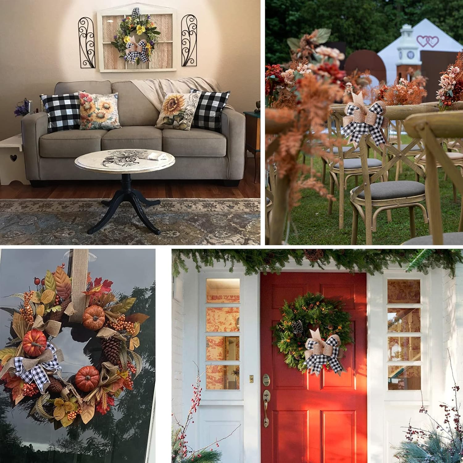 Black White Plaid Gift Bows Burlap Wreaths Bows Christmas Tree Topper for Wedding Holiday Birthday Party Decoration 12" X 9.4"