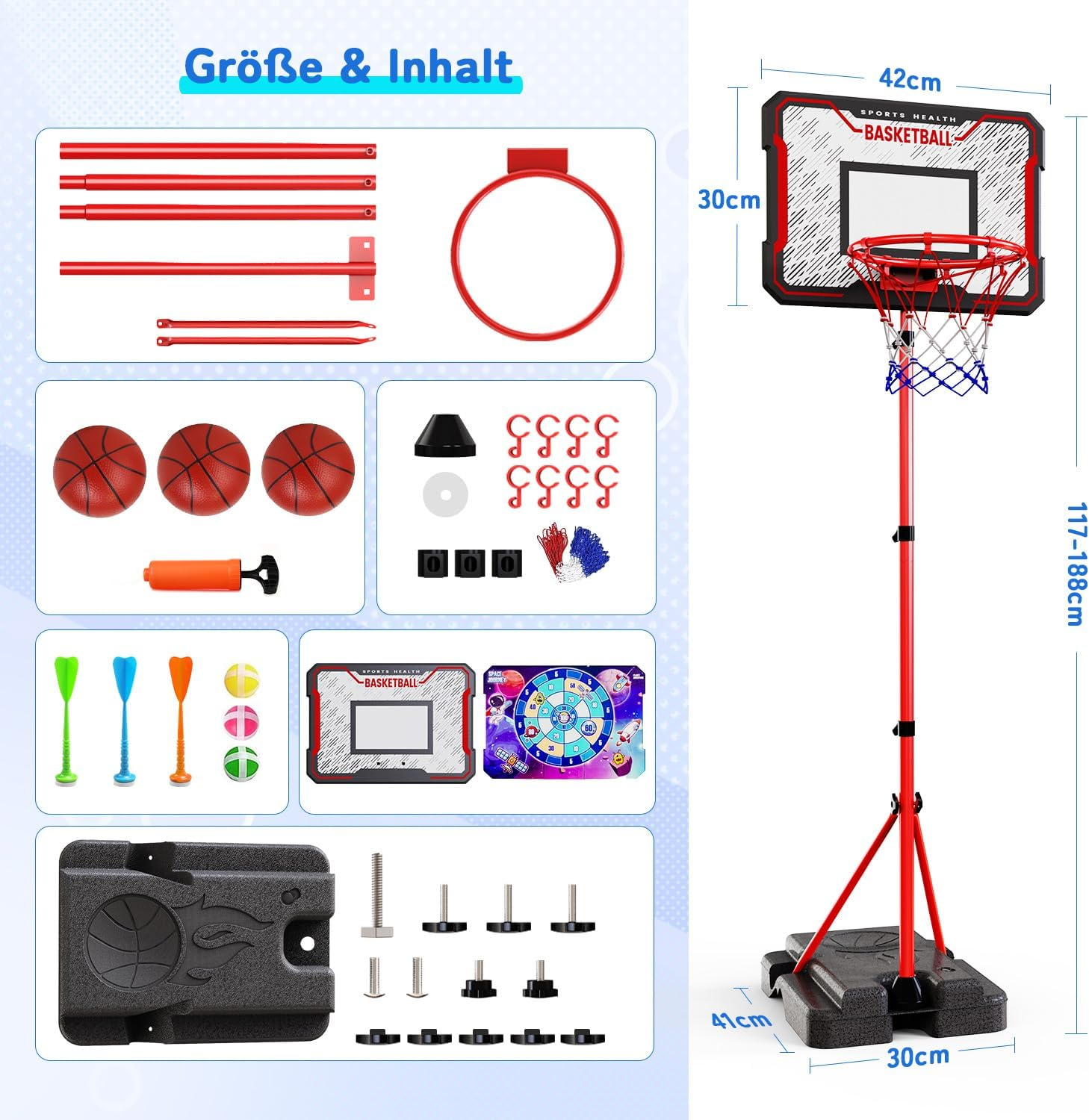 Children'S Basketball Hoop with Darts Target 2 in 1 with Stand Highly Adjustable 88-189 Cm Mini Basketball Outdoor Indoor and Outdoor for Children Aged 3 to 8 Years image number 5