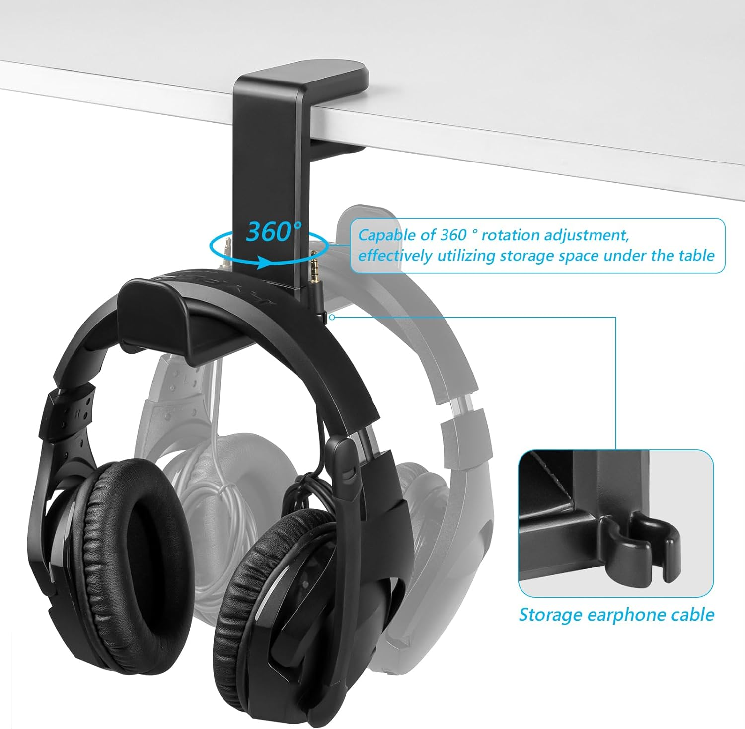Geekria Gaming Headset Headphone Hook Stand, Under-Desk Headphone Stand Mount Holder with 360ｰ Rotation Adjustable, Compatible with Bose, Sony, AKG, Sennheiser, JBL, B&O, Beats, ATH (Black) image number 5