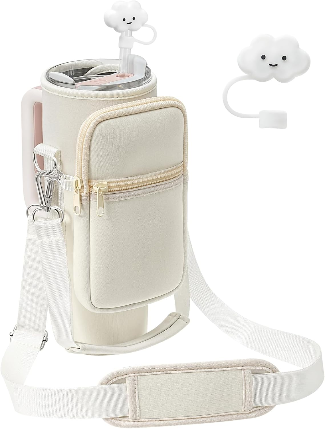 PRAGATISM Water Bottle Carrier Bag with Pouch for Stanley 30 Oz Tumbler with Handle, Neoprene Water Bottle Holder Pocket with Adjustable 4.9FT Strap, Bottle Pouch for Stanley Cup Accessories