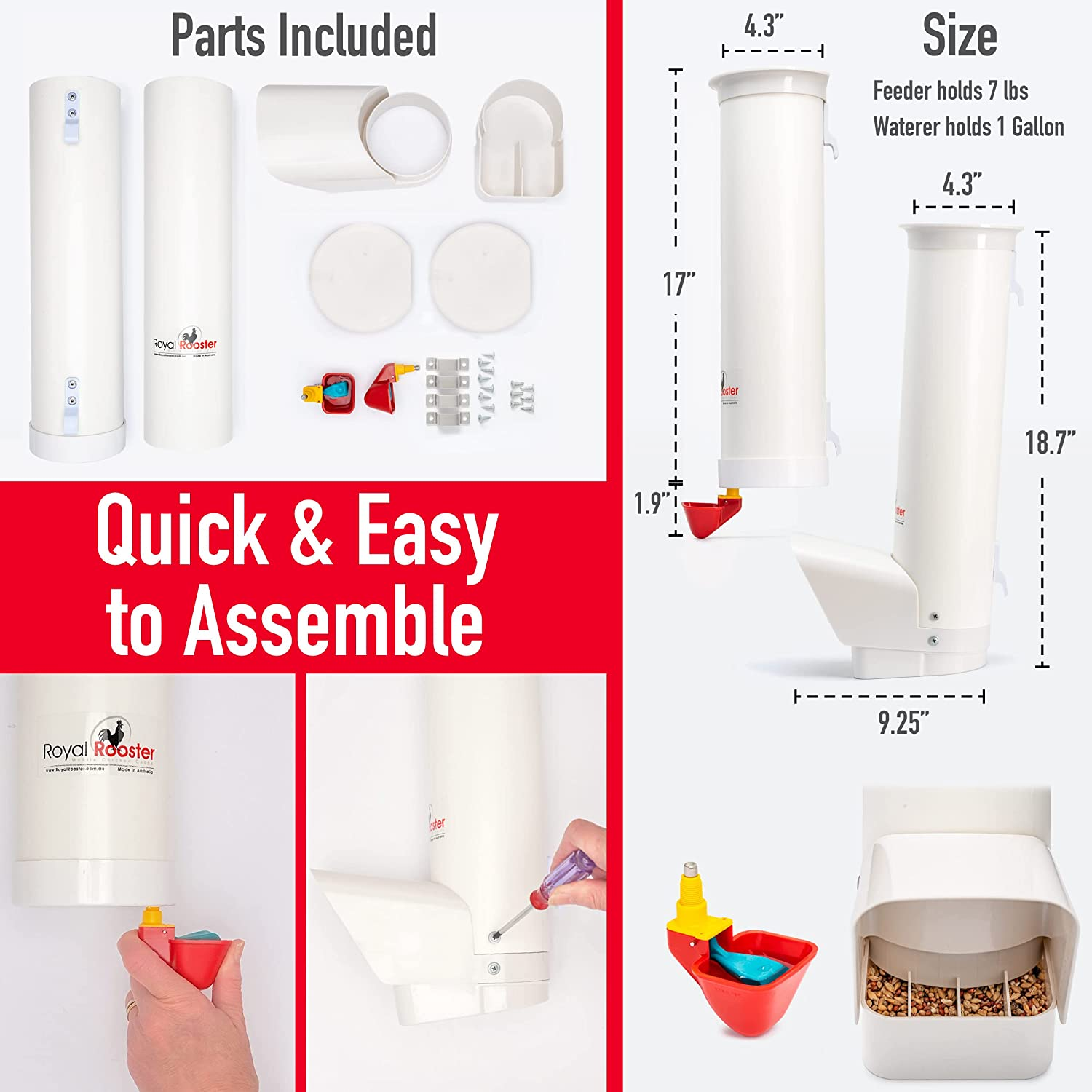 Royal Rooster Chicken Feeder and Chicken Waterer Set - 3 Kg Poultry Chicken Feeder with Rain Cover and 4 Litre Waterer System - Chicken Coop Accessories: Valve-Cup Waterer and Gravity-Feed Feeder Set image number 5