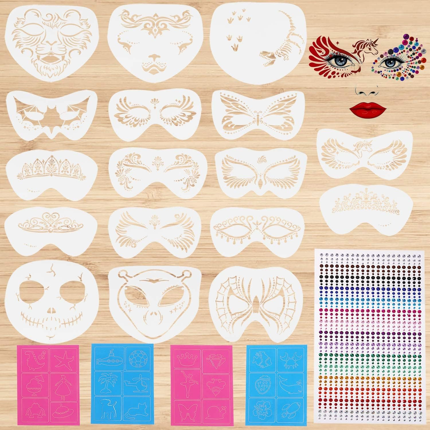 Face Paint Stencils 17Pcs Reusable Face Painting Stencils with 4 Sheet Painting Stickers and 1Pcs Rhinestone Bling Sticker for Festival Party Decoration image number 5