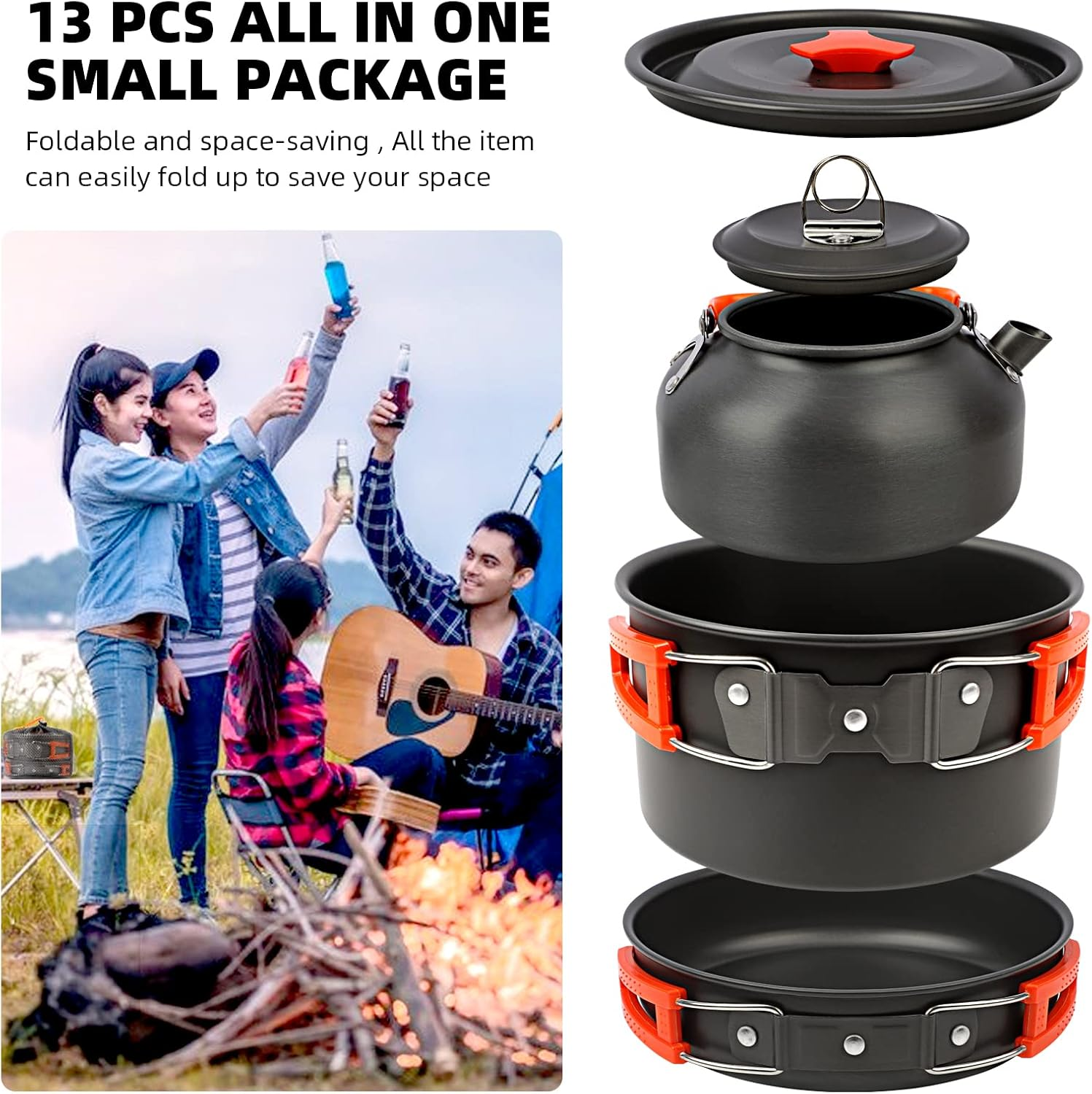 13Pcs Camping Cookware Set, VIPITH Outdoor Camping Kitchen Set Camping Accessories Cooking Pots and Pans Kettle Set Portable Camping Cookware Mess Kit for 2-3 Person Outdoor Picnic Hiking image number 4