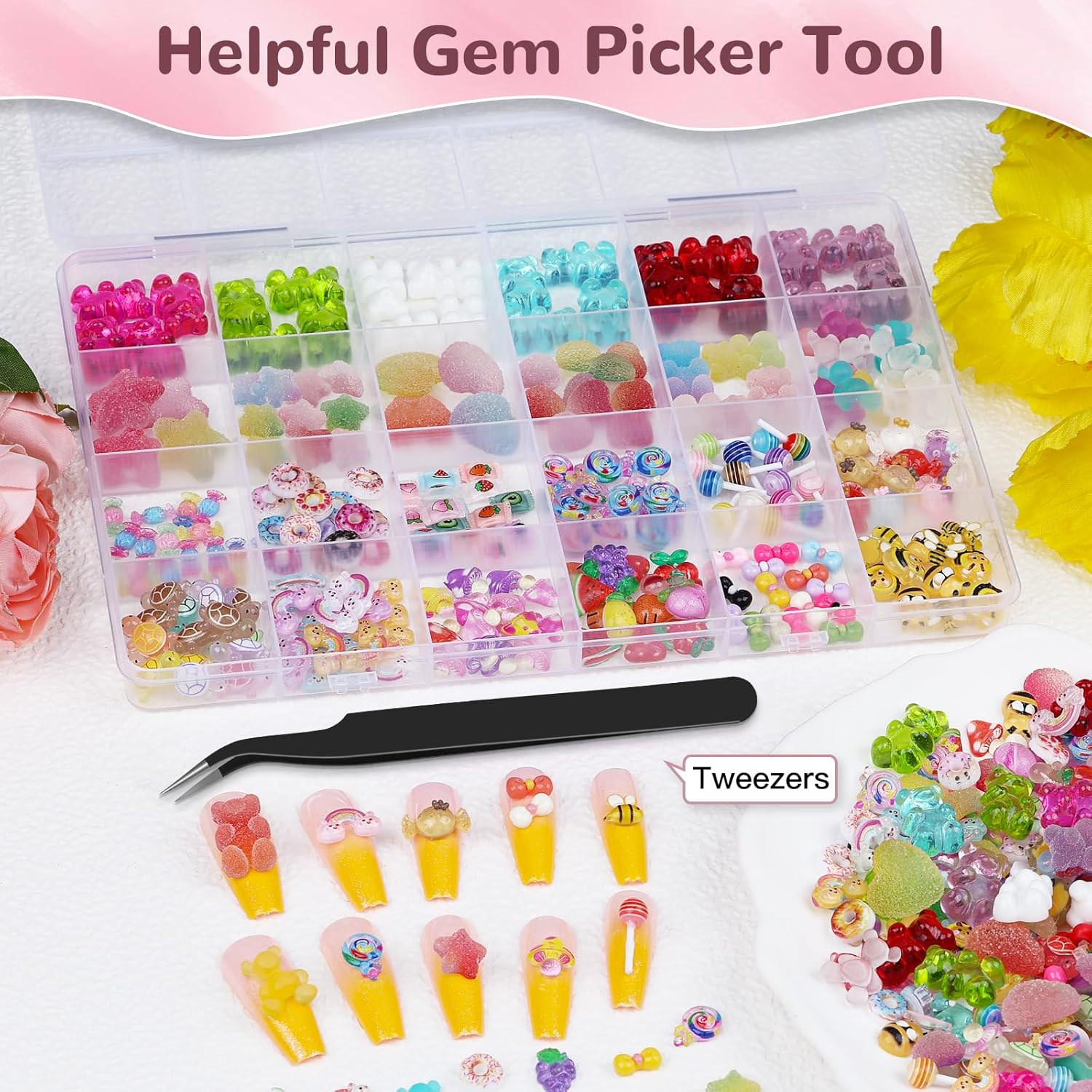 230Pcs Kawaii Nail Charms 3D Heart Candy Bow Charms Cute Turtle Bee Flatback Slime Charms 20 Shapes Assorted Nail Supplies for Women Girls Nail Art Design DIY Crafts image number 3