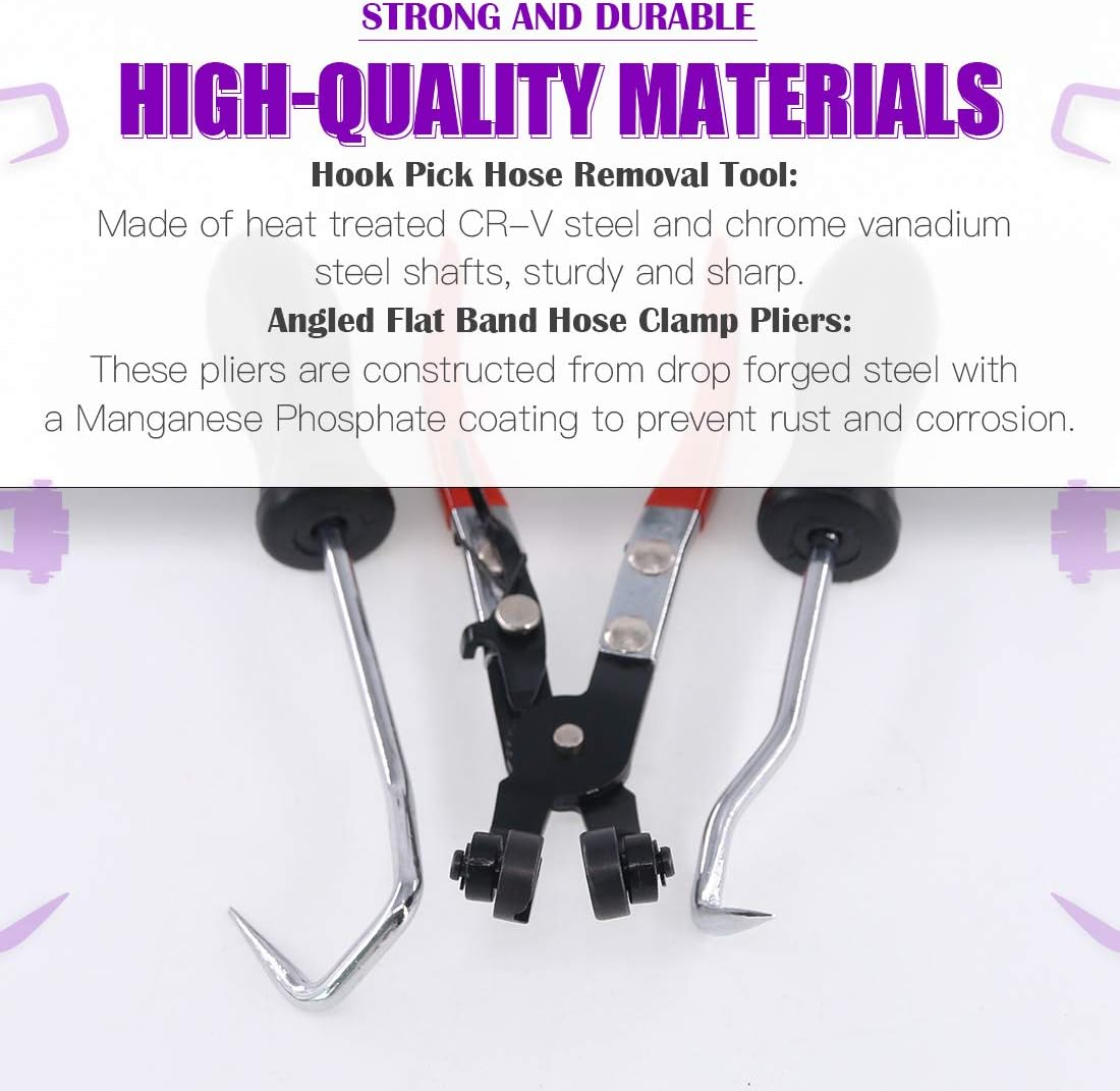 Swpeet 3Pcs Hose Clamp Plier Set, Including 45&deg; Flat Band Hose Clamp Plier Angled Swivel Jaw Locking Car Water Pipe with 2Pcs Hose Removal Hook Set Perfect for Hose Installations of Low Radiators image number 6