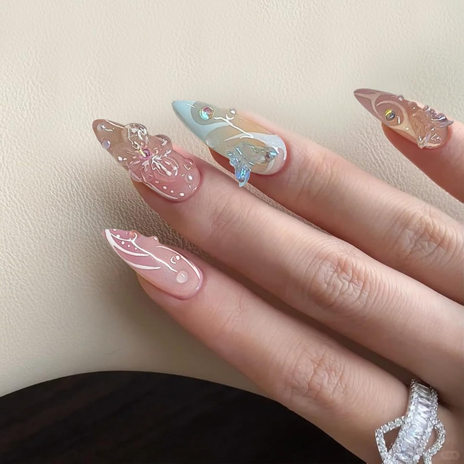 TELAIN Frencho 3D Flowers Press on Nails French Artificial Nails, Fake Nails, Artificial Nails for Sticking, Adhesive Nails, Press Ons, False Nails Set for Sticking, Frencho, Pack of 24 image number 3