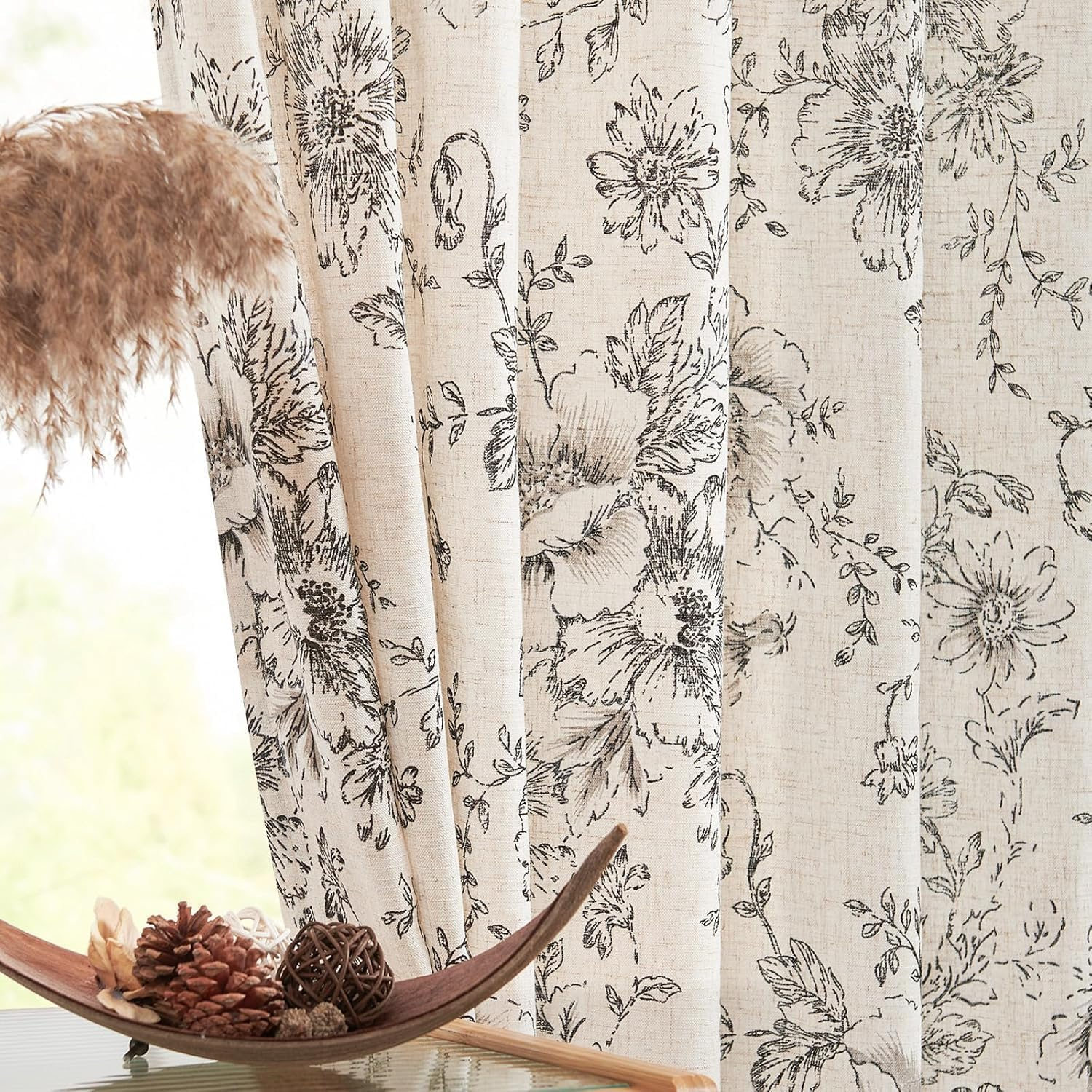 JINCHAN Linen Floral Curtains for Living Room Bedroom Black Printed Curtains Rod Pocket Back Tab Farmhouse Peony Flower Patterned Drapes Set of 2 Panels,Each W127Cm X D213Cm image number 5