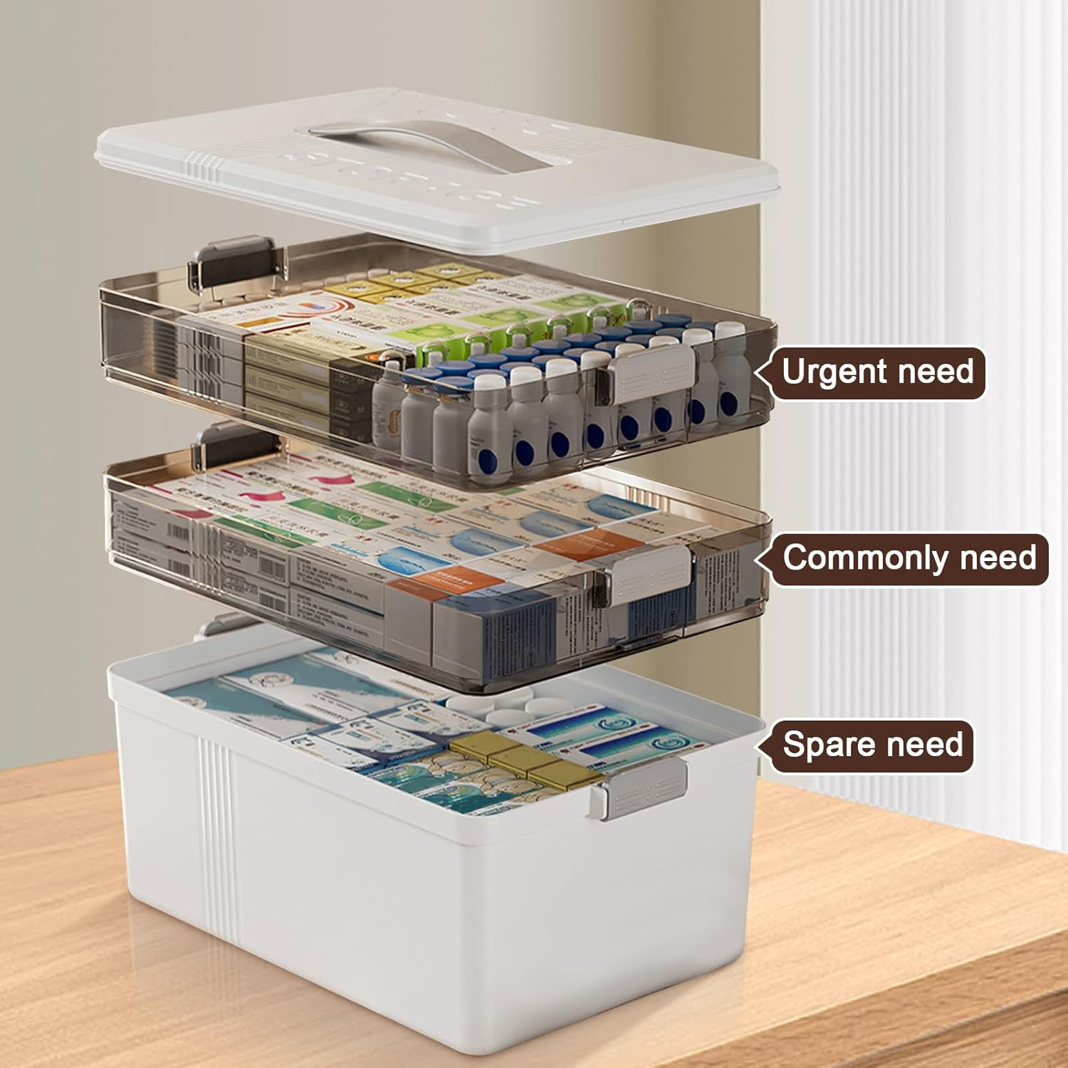 3-Layer Medicine Storage Box with Handle, Large Capacity First Aid Organizer, Moisture-Proof & Dustproof, Portable Multi-Purpose Plastic Storage Container for Medicine, Cosmetics, Household Essentials image number 4