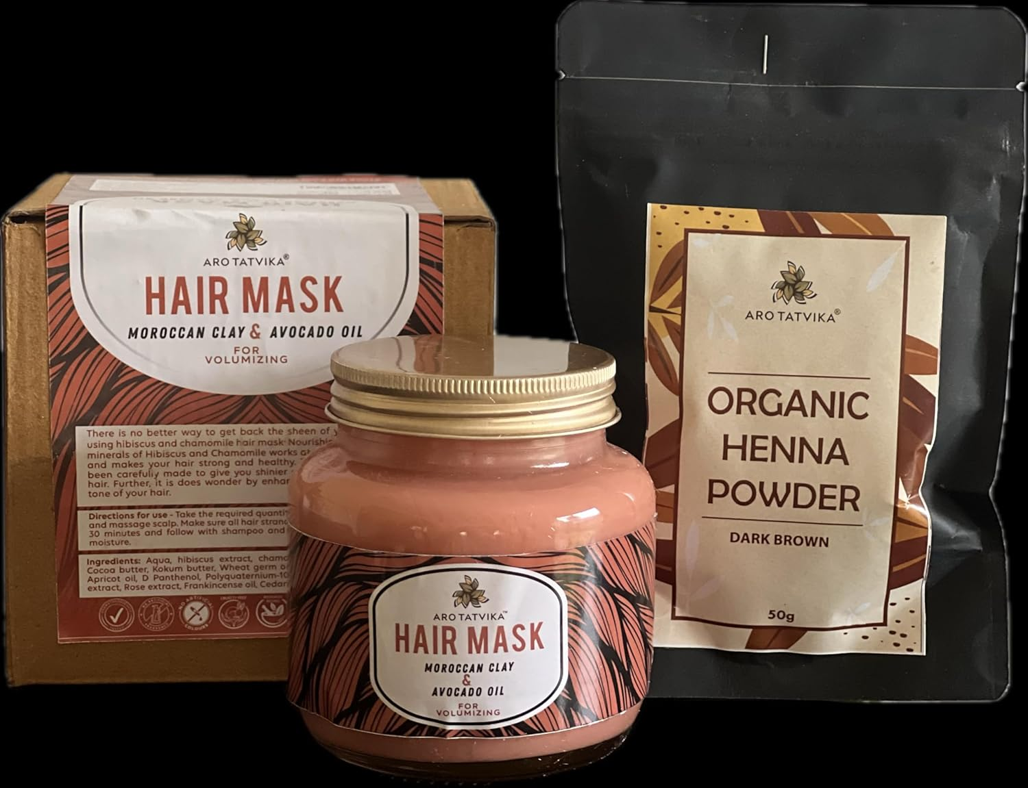 Hair Treatment Set, Moroccan Clay and Avocado Oil Hair Mask and Organic Dark Brown Henna Powder