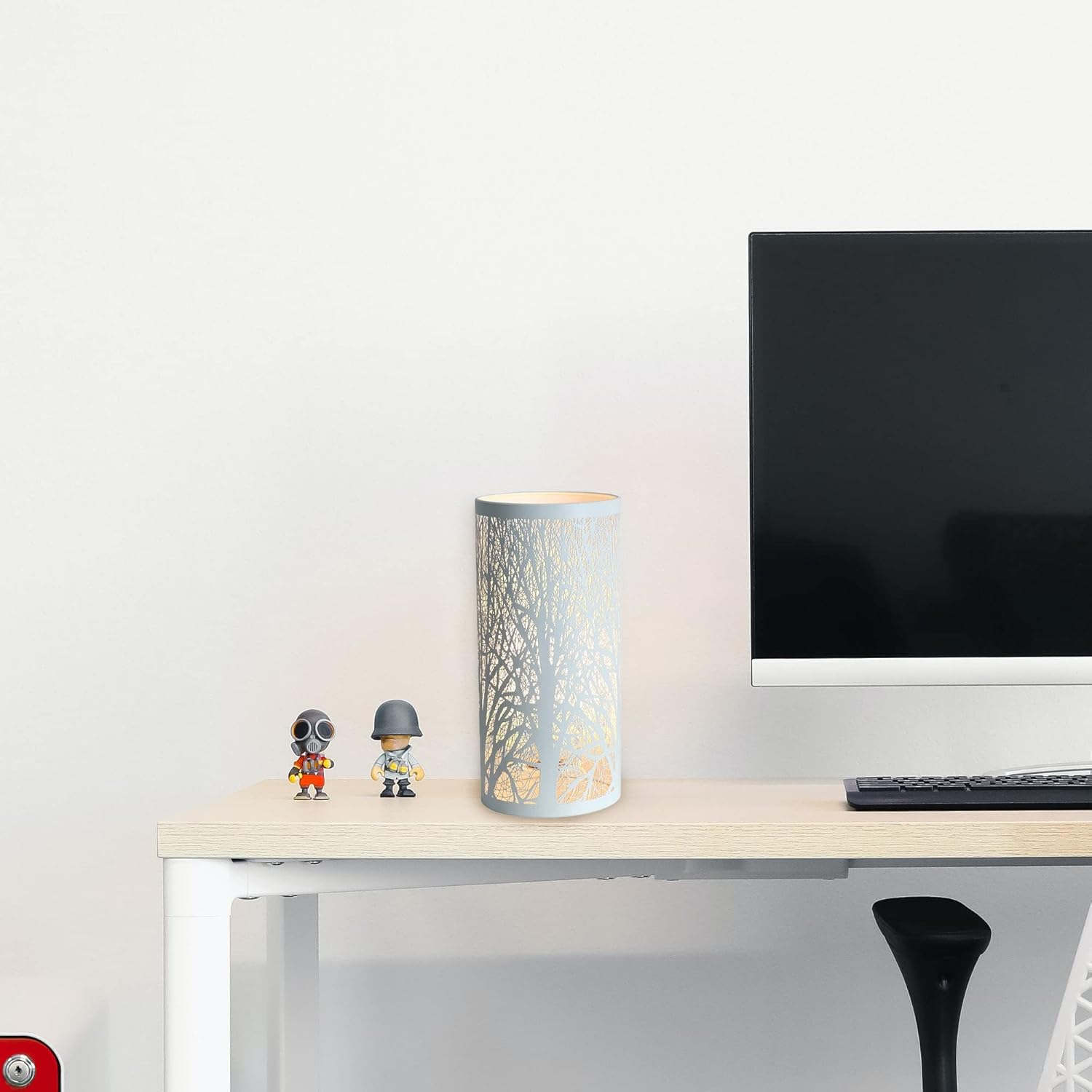 Lightsup Online White Forest Hollow-Out Decorative Table Lamp with Metal Cylindrical Shade, E27 Bulb Base Bedside Lamp - Button Control Nightstand Lamp for Living Room, Bed Room, Lounge, Kids Room image number 4