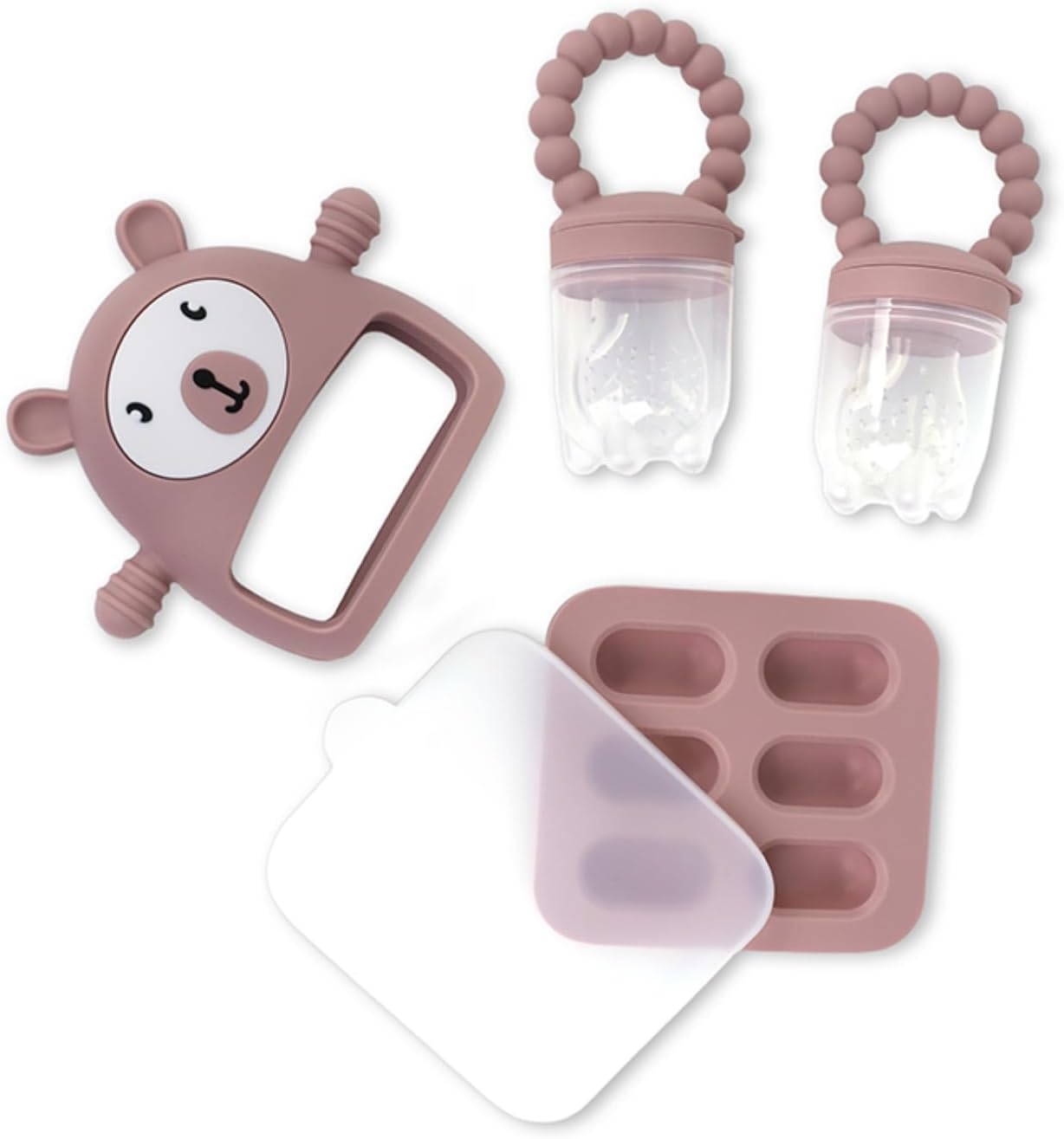 Baby Silicone Teething Mitten Set, 4-Pack with Food Feeder and Freezer Tray, BPA Free, Pink/Blue/Yellow (Bl)