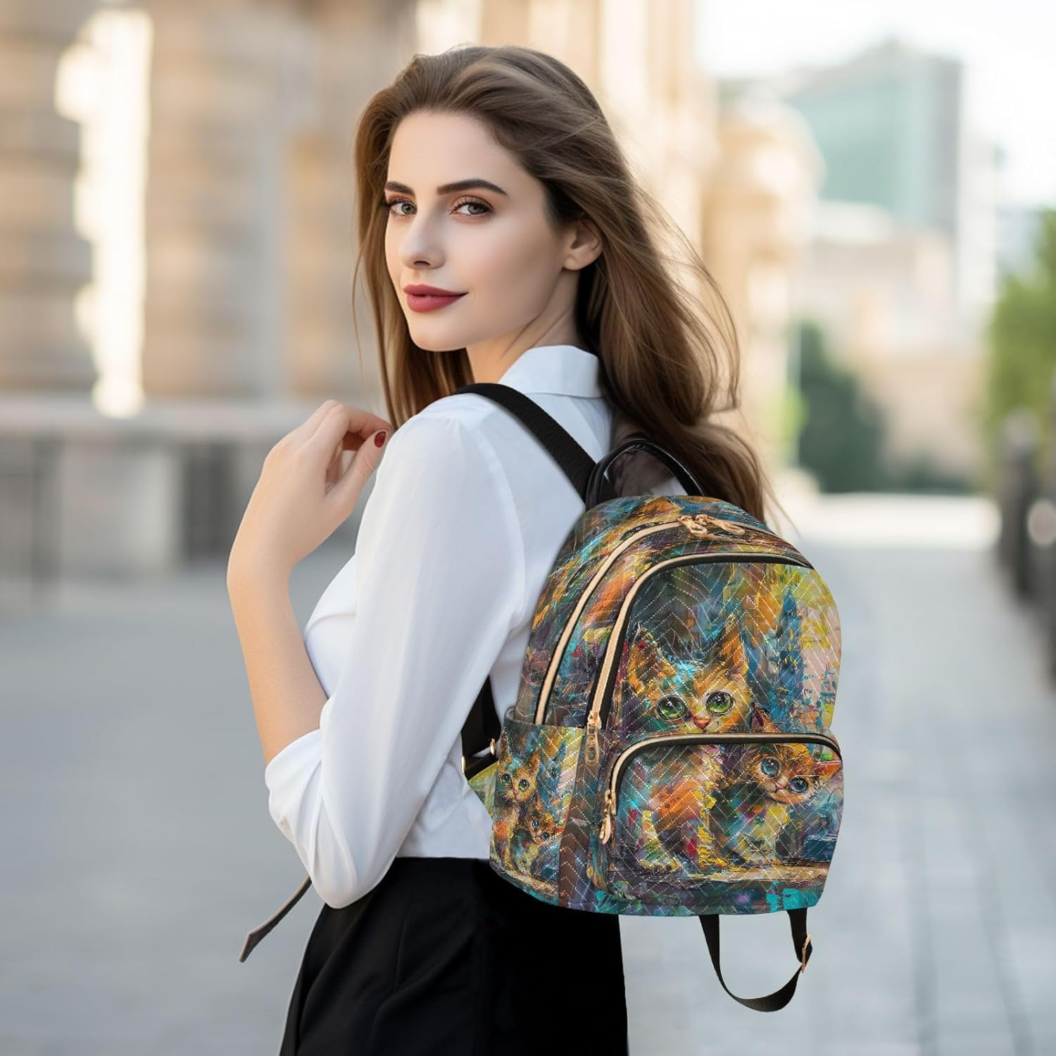 Joisal Stained Glass Style Cat Mini Backpack Women anti Theft Computer Backpack for Women, Travel Backpack Women image number 5