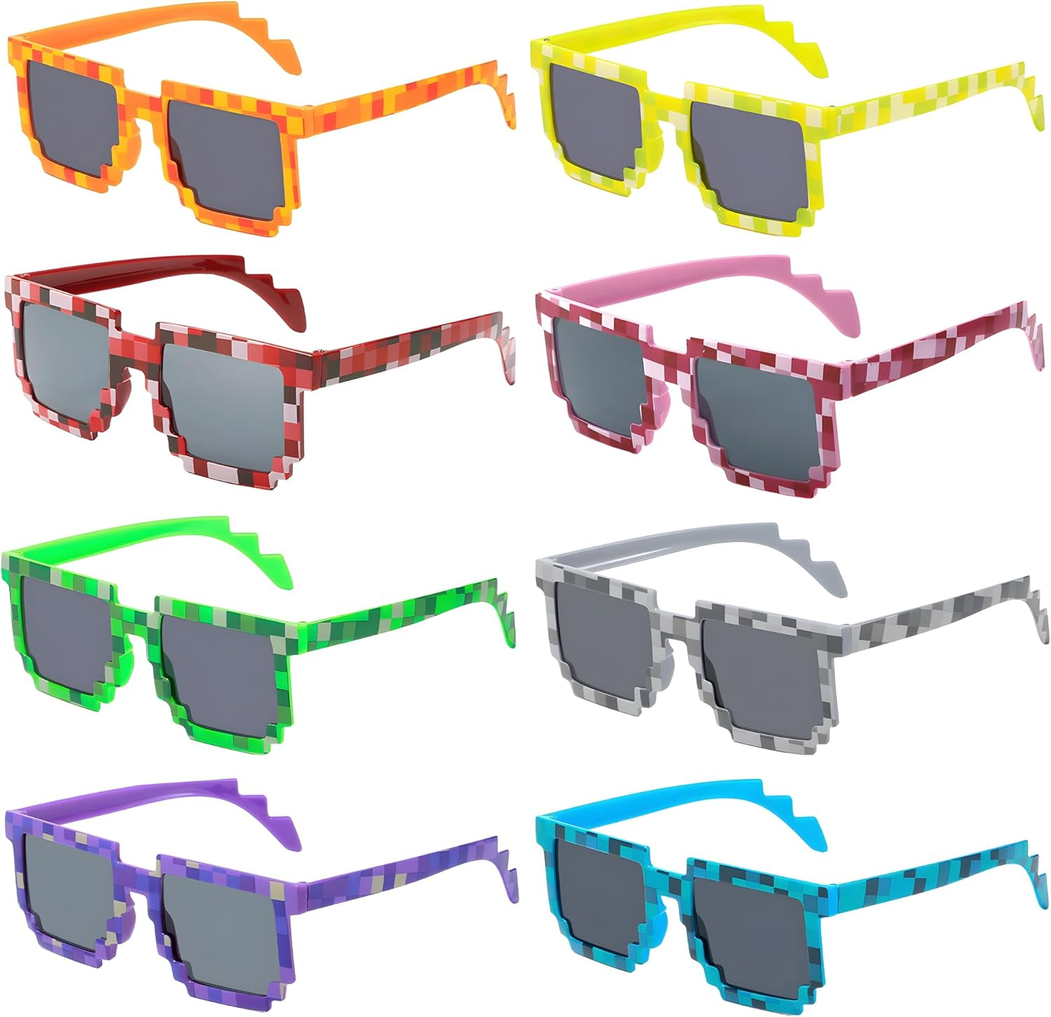 8Pcs Mosaic Party Glasses for Kids & Adults - 8 Colorful Plastic Pixel Sunglasses, Unisex Party Favors for Birthday, Game, Mining Theme Parties (Durable, 14.2Cm)