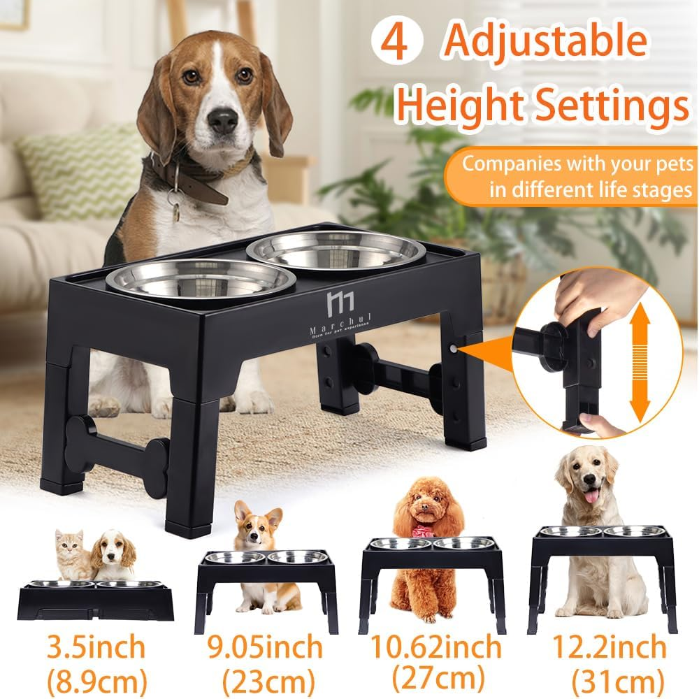 Marchul Elevated Dog Bowls, Raised Dog Food Water Bowls with 2 Thick Stainless Steel Bowls, 4 Height Adjustable, Non-Slip Stand for Medium Large Dogs image number 3