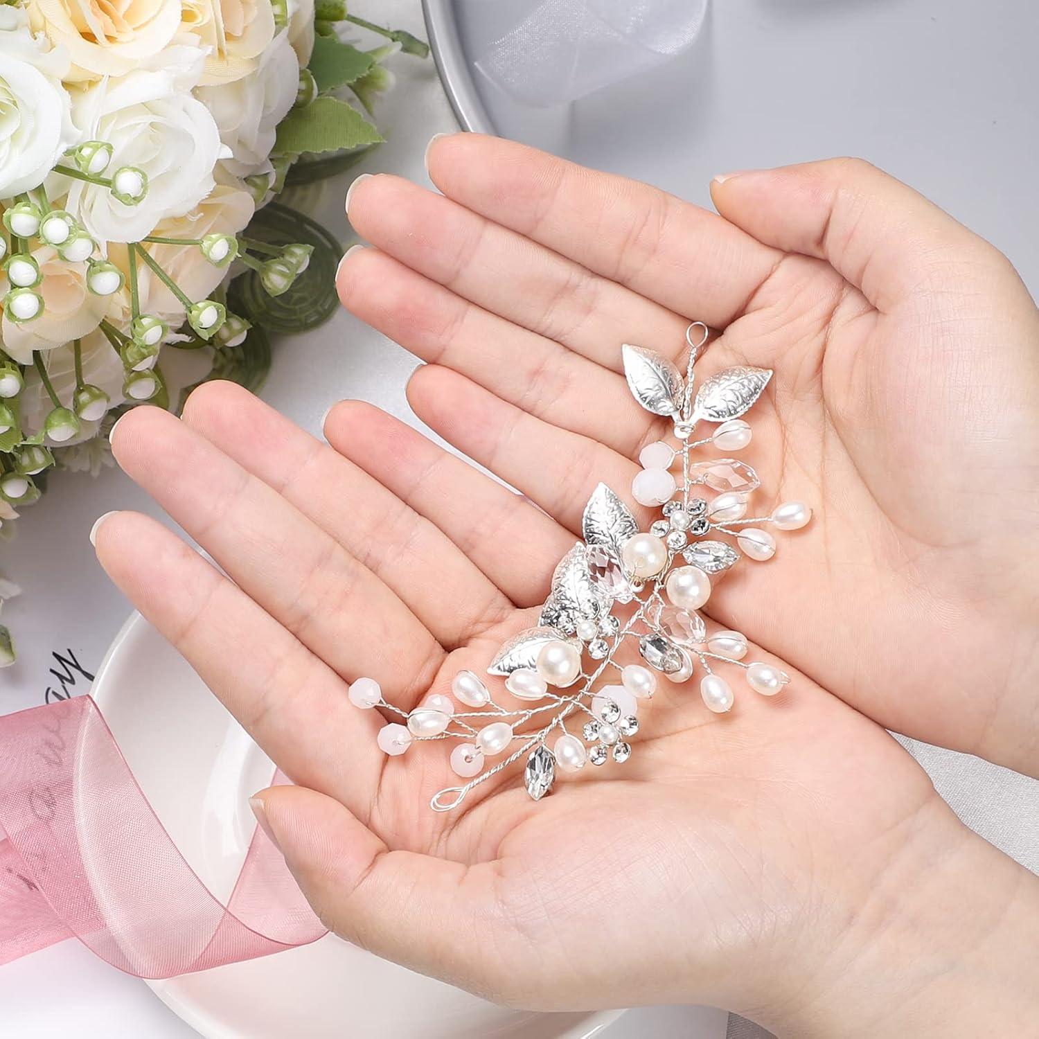 Bridal Jewellery, Etercycle Bridal Headpiece Wedding Hair Clips Crystal Hair Pins Vines Flower Leaf Pearl Hair Accessories for Bride - Silver image number 2
