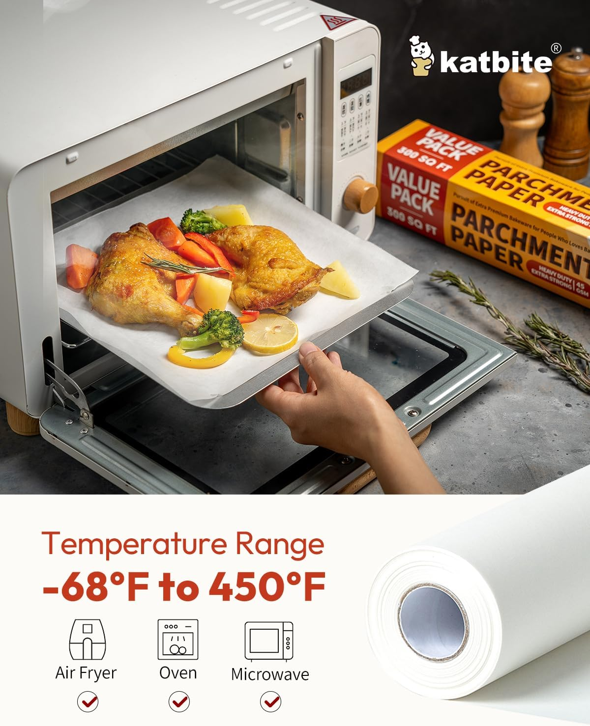 Katbite Baking Paper Roll 38Cm X 74M Heavy Duty Baking Paper Roll Non-Stick Baking Paper Roll for Baking, Cooking, Freezing, for Oven, Kitchen, Air Fryer