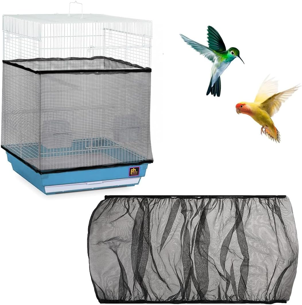 JEYORZY 1 X Bird Cage Cover, Adjustable Bird Cage Cover, Bird Cage Seed Catcher, Protective Net for Bird Cages, Parrots, Nylon Mesh, Suitable for Cages with a Circumference of 152-180 Cm, Black-L