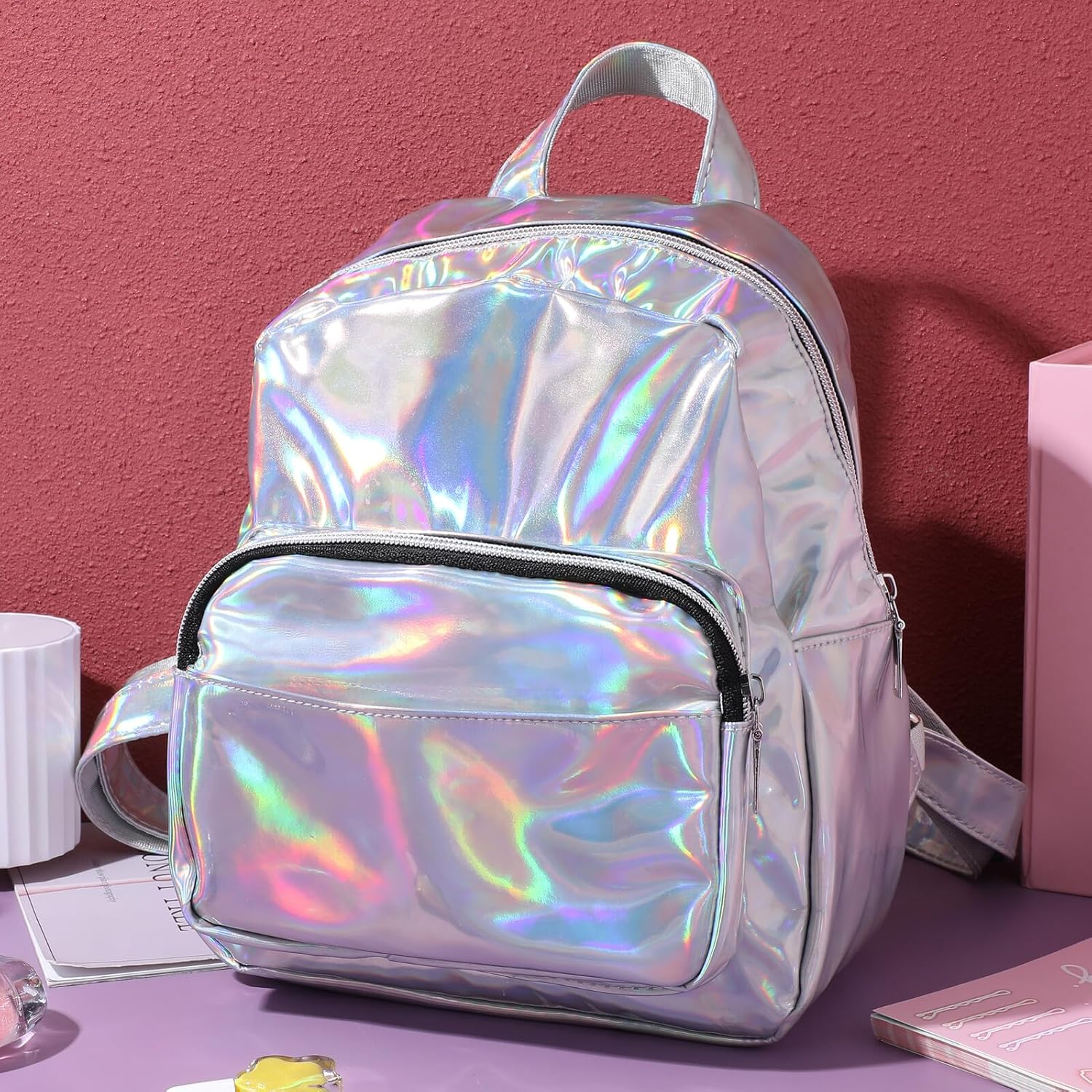 BESTYASH Holographic Mini Backpack for Girls Chic Grey School Bag Fashionable Laser Rucksack Adjustable Straps for School and Travel image number 3