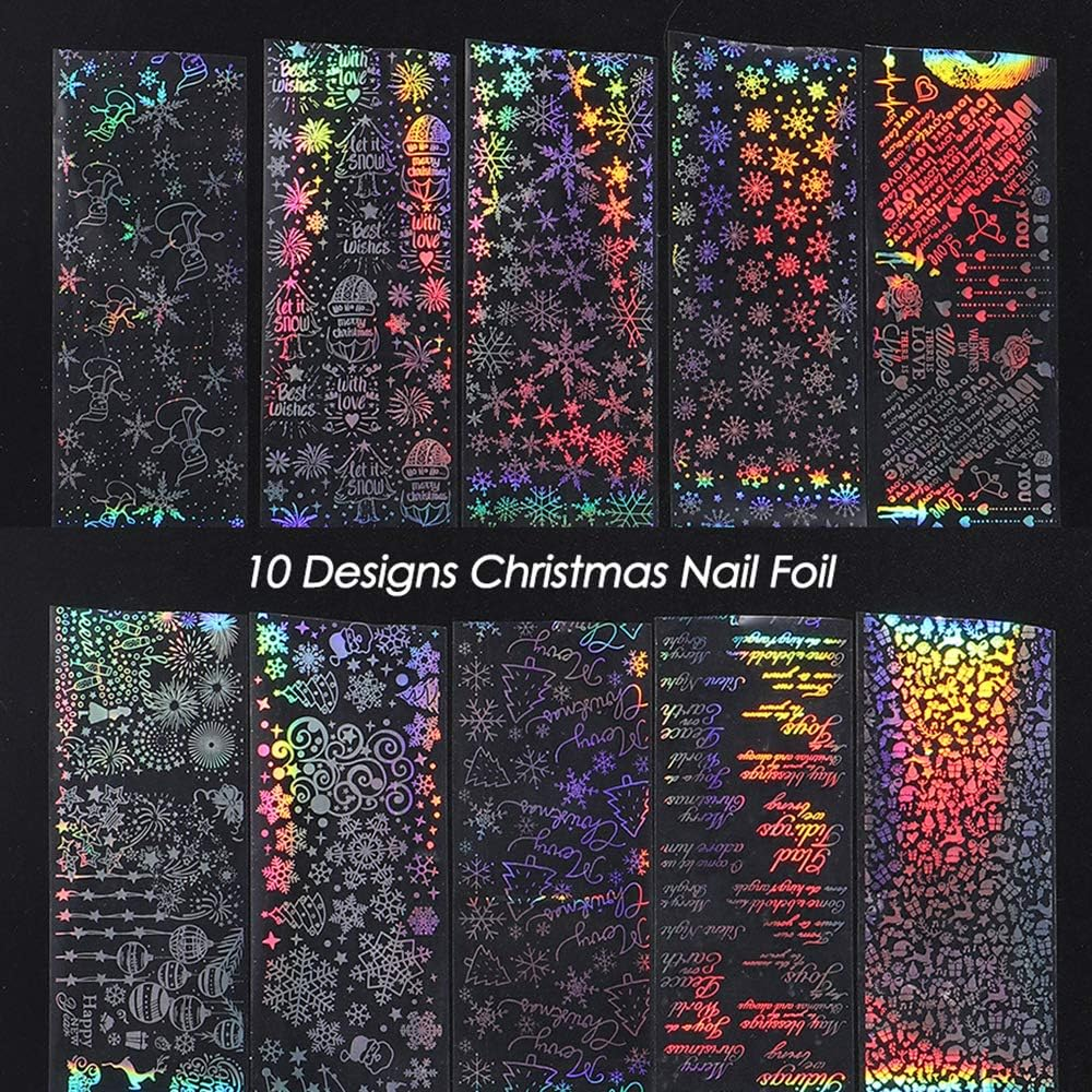 10 Sheets Snowflake Nail Foil Transfer Sticker - 3D Holographic Laser Winter Nail Art Stickers Decals Snowflake Flower Xmas Elk Christmas Foils Transfer DIY Manicure Nail Decorations for Women Girls image number 1