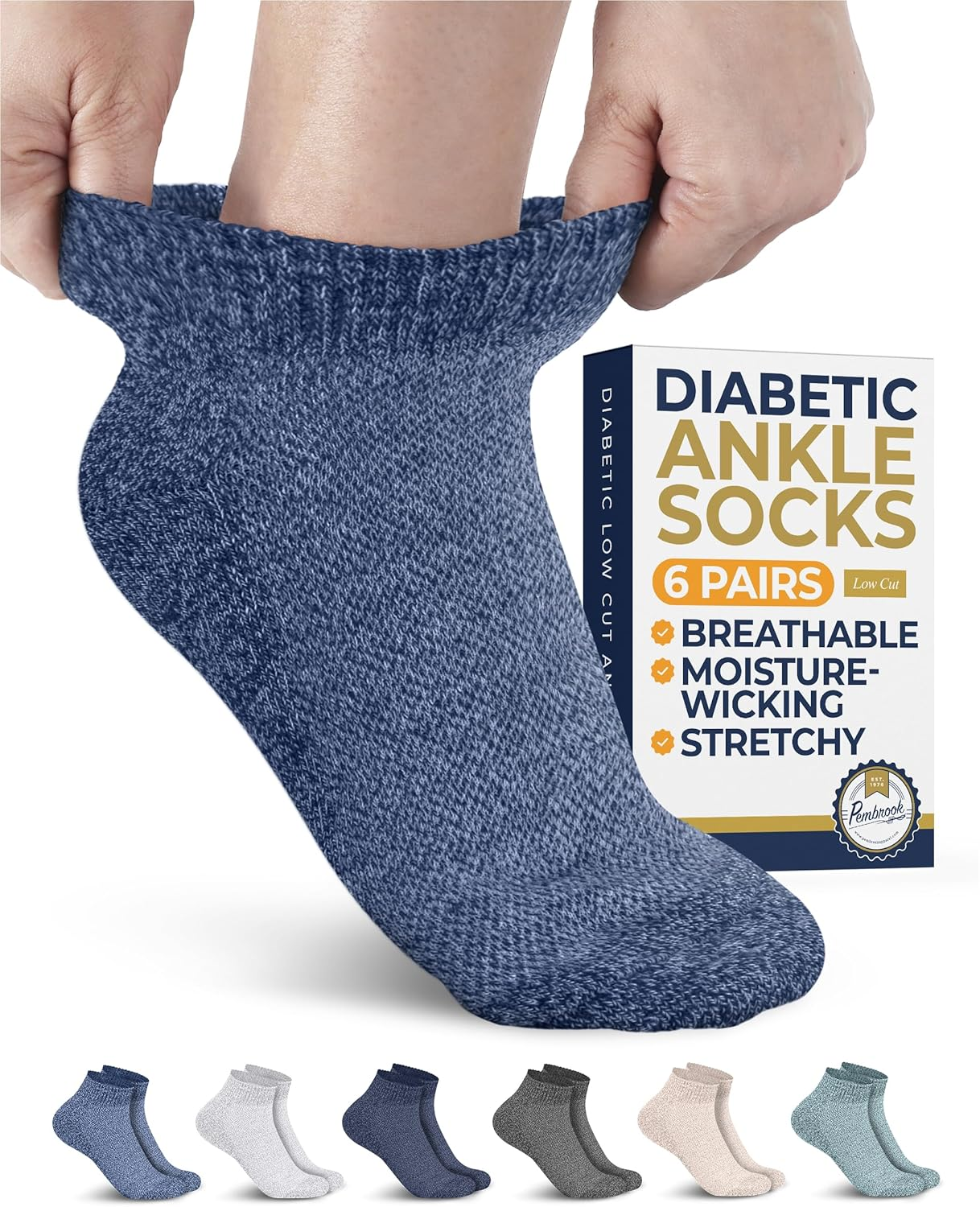 Pembrook Diabetic Ankle Socks - 6 Pairs Low Cut Seamless Diabetic Socks Women & Men, Blue, Ankle Length, Small/Medium-Large/X-Large, 6 Count