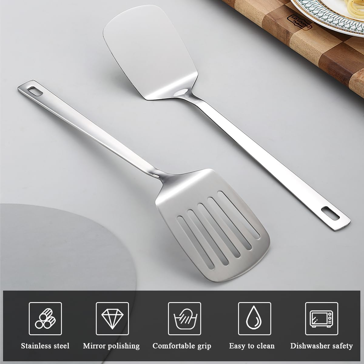 Kyraton Stainless Steel Spatulas Set, Silver Slotted Turner, Solid Turner, Kitchen Spatulas for Nonstick Cookware, Dishwasher Safe, Easy to Clean image number 5