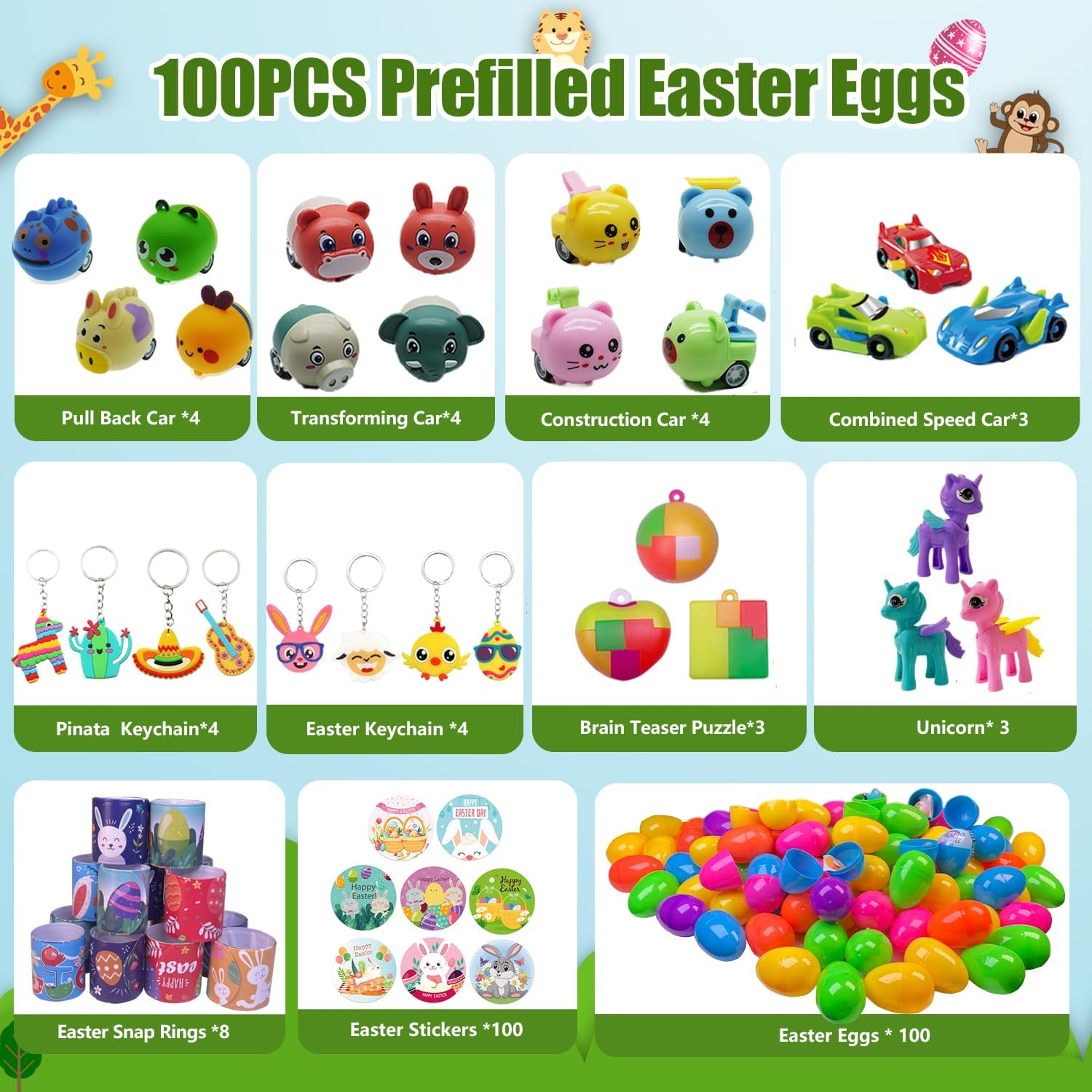 SQZUWIT 100PCS Prefilled Easter Eggs Filled with Toys plus Sticker inside for Kids Boys Girls Easter Hunt Basket Stuffers Fillers Party Favors Classroom Prize Supplies