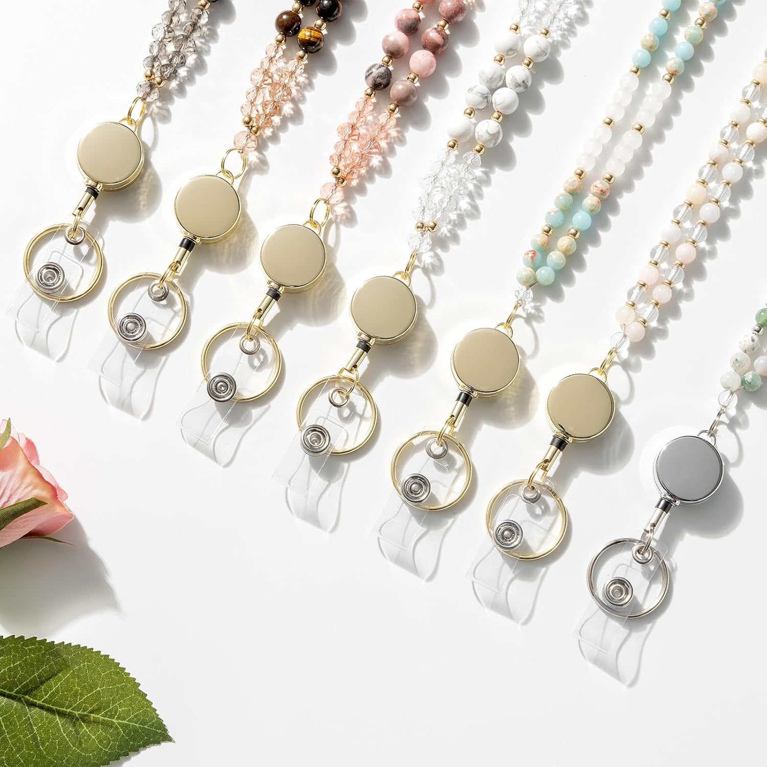 MORSUNBELA ID Card Holder Lanyard Work Card Lanyard Retractable Beaded for Women Badge Holders Keys Necklace Cute Long Lanyard Coffee Color image number 5