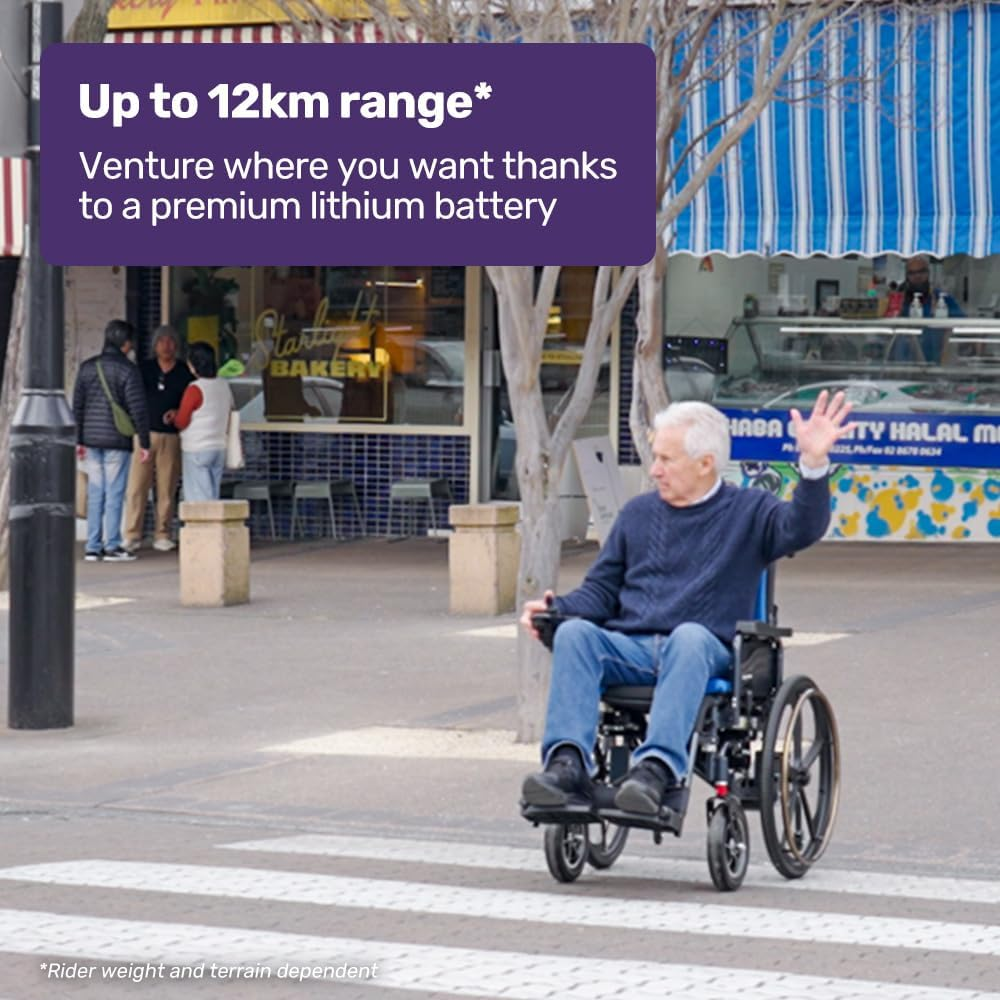 "Equipmed Electric Wheelchair Folding, Long Range, Airline Approved, Lithium Battery, 24"" Light Rear Wheels, Matte Black/Blue" image number 1