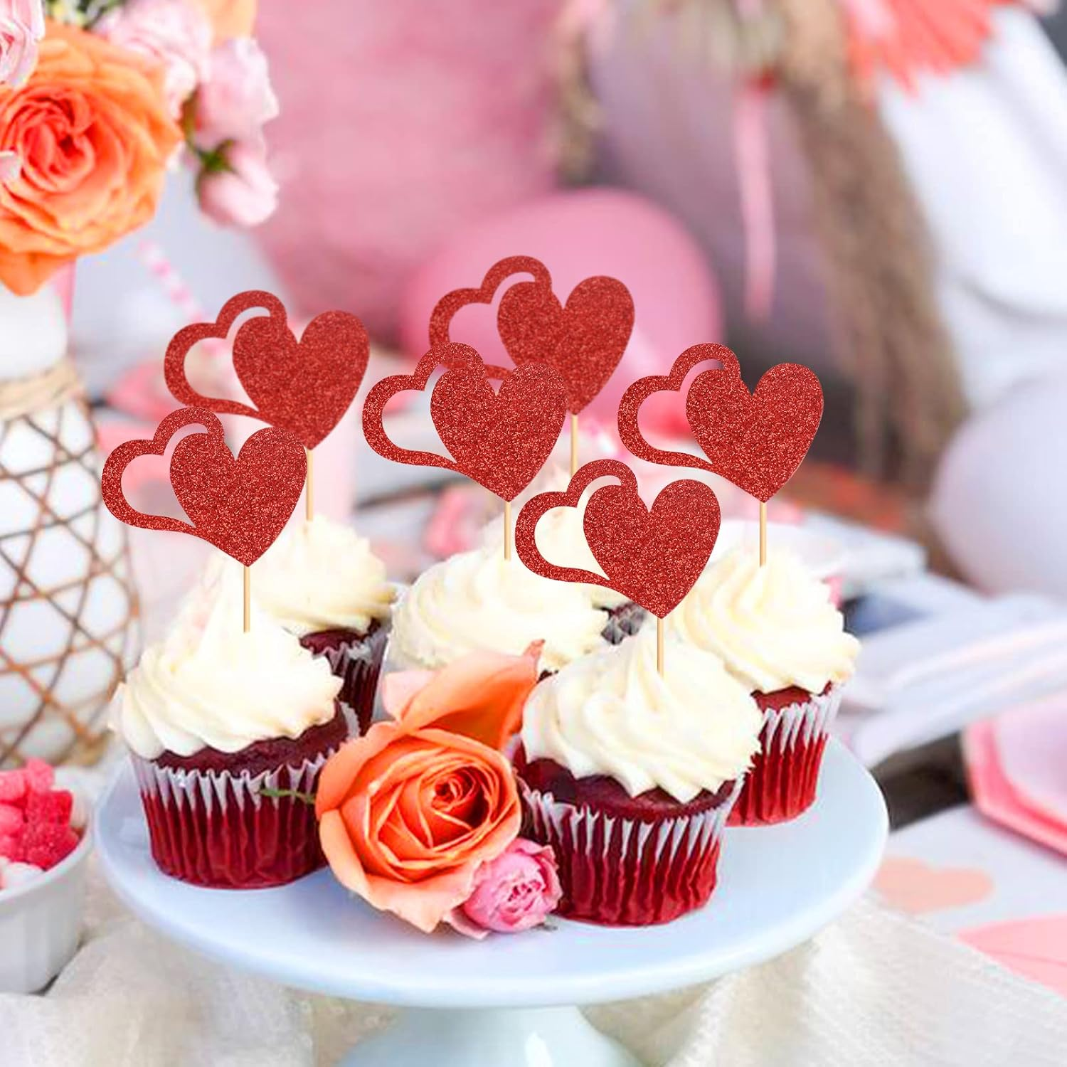 24 Pack Heart Cupcake Toppers Valentine'S Day Cupcake Picks Cute Design Love for Wedding Bridal Anniversary Baby Shower Party Birthday Decorations Supplies Red image number 5