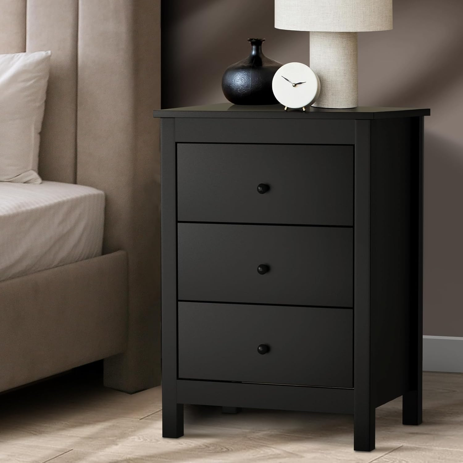 Oikiture LED Bedside Table High Gross Nightstand Drawer Home Furniture Black
