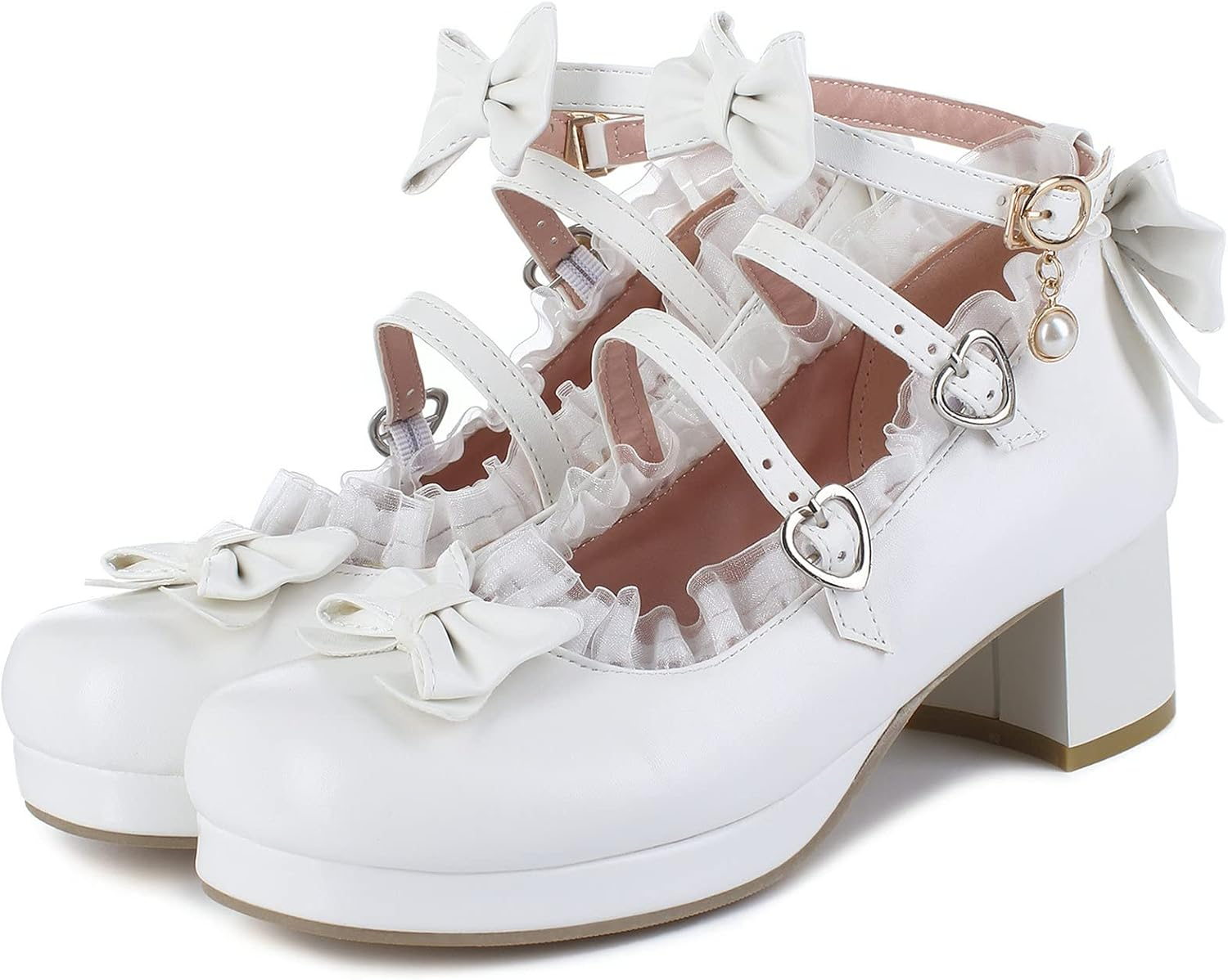 LUXMAX Women Cute Shoes Kawaii Pumps Mid Block Heel Mary Janes Platform Sweet Cosplay Dress Shoes Strappy Ankle Strap Pumps with Bow