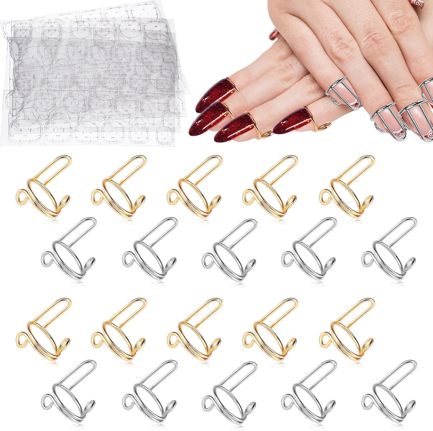 20PCS Nails Rings, EBANKU Adjustable Nails Rings Detachable Reusable Women Gift Ring Set with 96PCS Adhesive Nail Tabs for Acrylic Nail Art Decoration - Gold and Silver image number 1