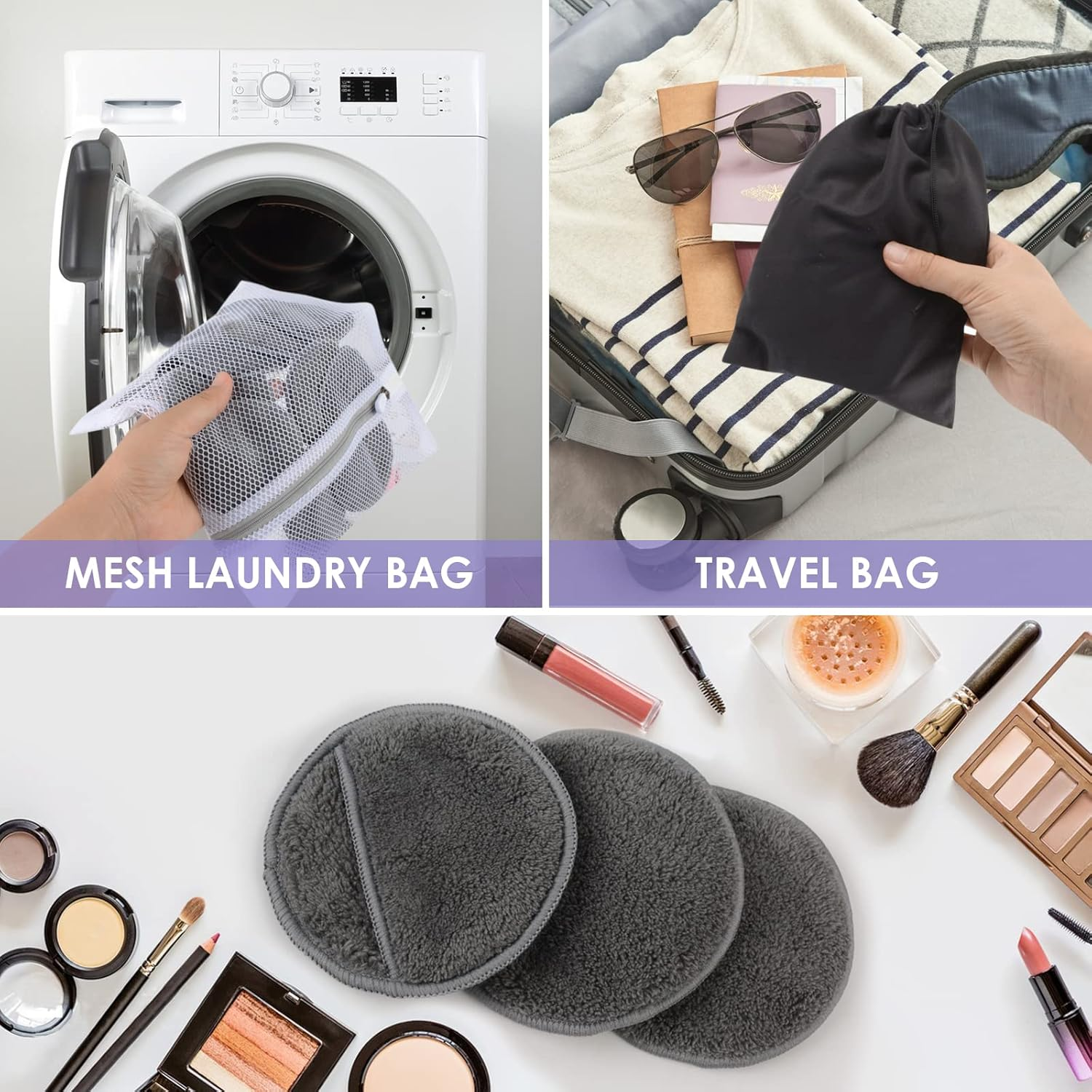 Sunland 16 Pack Reusable Makeup Remover Pads Microfiber Facial Cleansing Pads Washable Face Wipe Rounds with Laundry Bag Grey image number 2