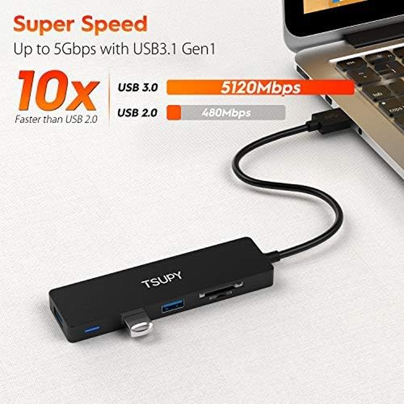 USB Hub 3.0, TSUPY 5 in 1 Multiport Adapter USB 3.0 Hub with SD Micro SD Card Reader, 3 USB 3.0 Ports Compatible for Laptop, Macbook, PC, Printer,Surface Pro, USB Flash Drives