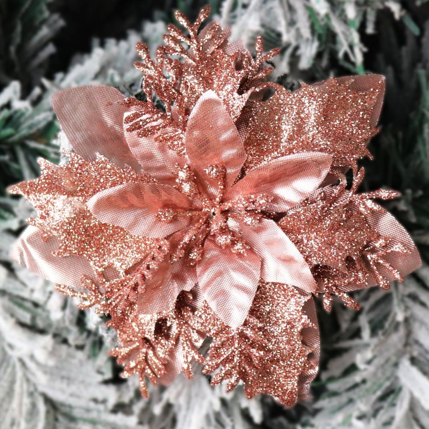 12 Pcs Poinsettia Artificial Christmas Flowers Decorations with Clips and Stems Glitter Christmas Poinsettia Decorations for Xmas Tree Ornaments Winter Party Wreath Decoration (Bright Golden)