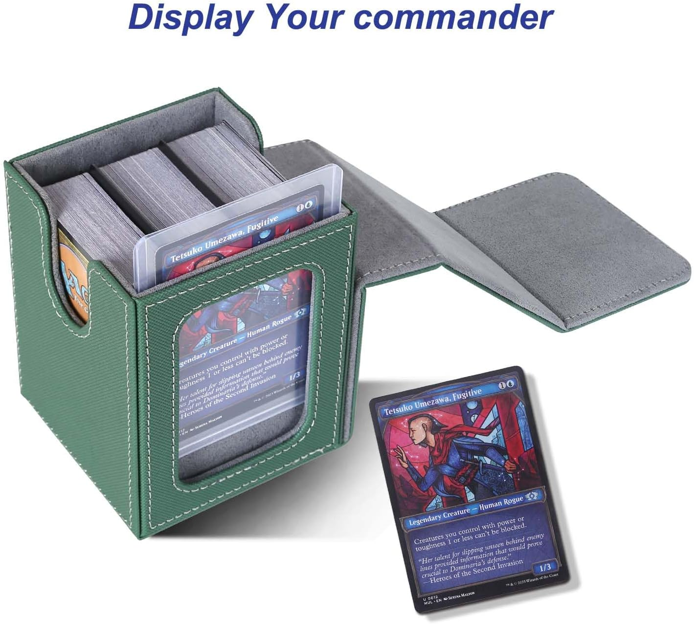 AFIING MTG Deck Box for Commander Display,Card Deck Box Fits 100 Double Sleeved Cards, Magic Commander TCG Card Storage Box with 2 Dividers,Drawstring Bag and 1 Toploader(Green/Grey) image number 4