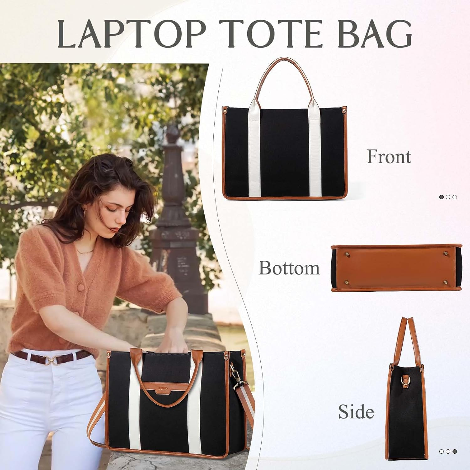 Laptop Tote Women,Ravuo 15.6Inch Ladies Canvas Computer Teacher Handbag Business Briefcase for Colleage W Detachable Shoulder Strap - White image number 4