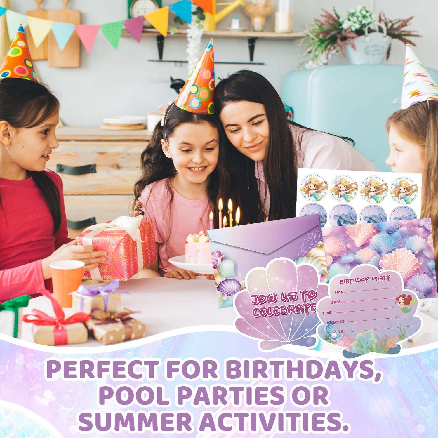 12 Sets Birthday Invitations Girl with Envelopes, Funcyboo Mermaid Party Invitations with Stickers Shell Mermaid Invitation Kit for Girls Party Supplies Kids Birthday Baby Shower Party image number 1