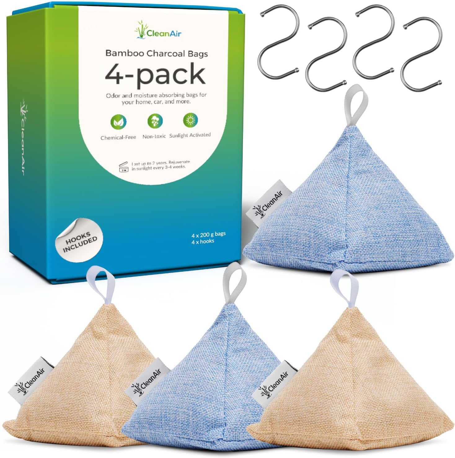 4-Pack Activated Bamboo Charcoal Bags - Effective Air Purifier and Dehumidifier Bags, Beautiful Pyramid Design, Odor Eliminator & Moisture Absorber for Home, Car, Closet, Shoes & More image number 3